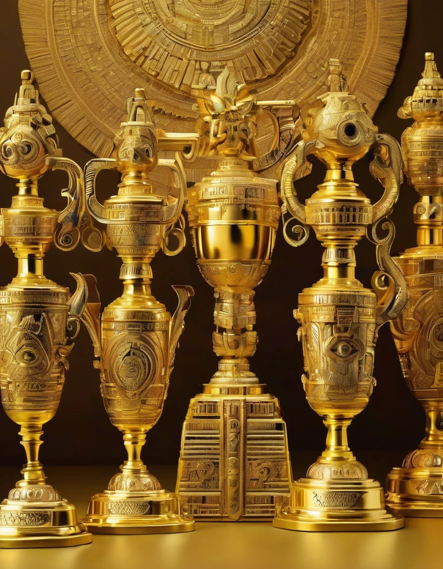 Golden trophies,in style of Aztec Empire period ,, in style of Del Kathryn Barton
