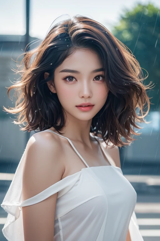 healthy, sexy, charming, slightly tanned skin, gorgeous lady, curly long hair, dark blown hair, shaved hair, outside, in the ocean, on the beach, in the sky, happy, best quality, top quality, ((Best Quality, 8K, Masterpiece:1.3)), Focus: 1.2, Perfect Body Beauty: 1.4, Buttocks: 1.2, ((Layered Haircut, Breasts: 1.2)), (Wet Clothes: 1.1), (Rain, Street:1.3), Bandeau Dress: 1.1, Highly Detailed Face and Skin Texture, Fine Eyes, Double Eyelids, Whitening Skin, Long Hair, (Shut Up: 1.3),