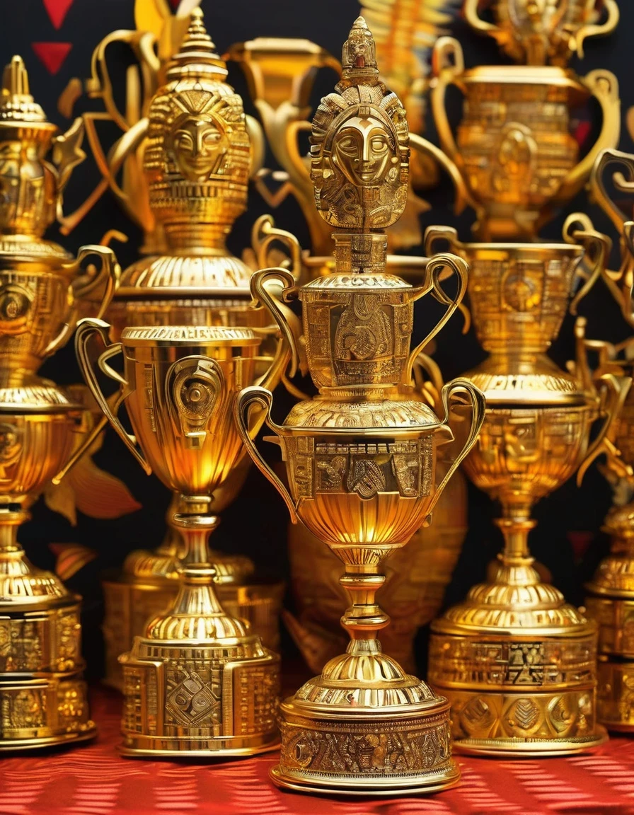 Golden trophies，in style of Aztec Empire period ,, in style of Del Kathryn Barton