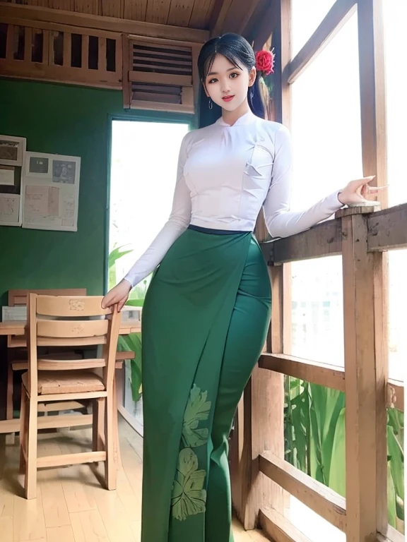 Burmese girl with attractive curvy full body.  Friends full-length bikini, (green dress) reflective long dress painted with flower patterns, only dress.  hi gh hips  High resolution  High resolution  natural background  High resolution  HD  3D,  8K cartoon anime 