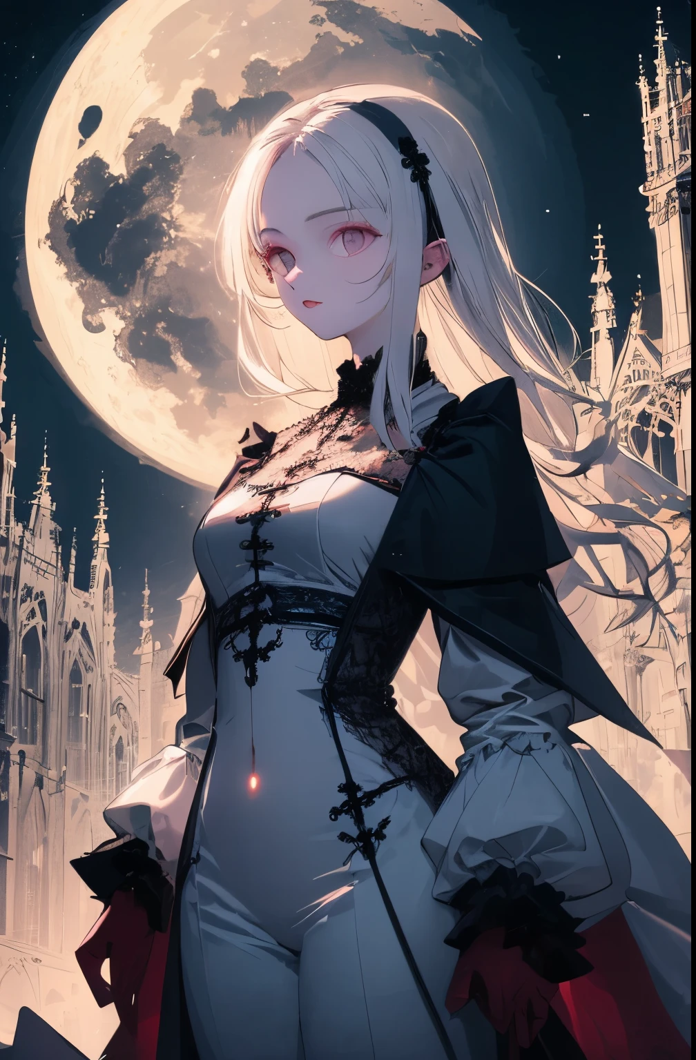 masterpiece, best quality, (Solitary focus), (Perfect face:1.1), (High Detail:1.1),dramatic, 1 person, (Pale skin), Long white hair, White eyes, Solitary, Long hair, moon, night, White luxury suit, vampire, cover navel, Pursed lips, cover, Victoria City, Detailed background, Gothic Revival, light,