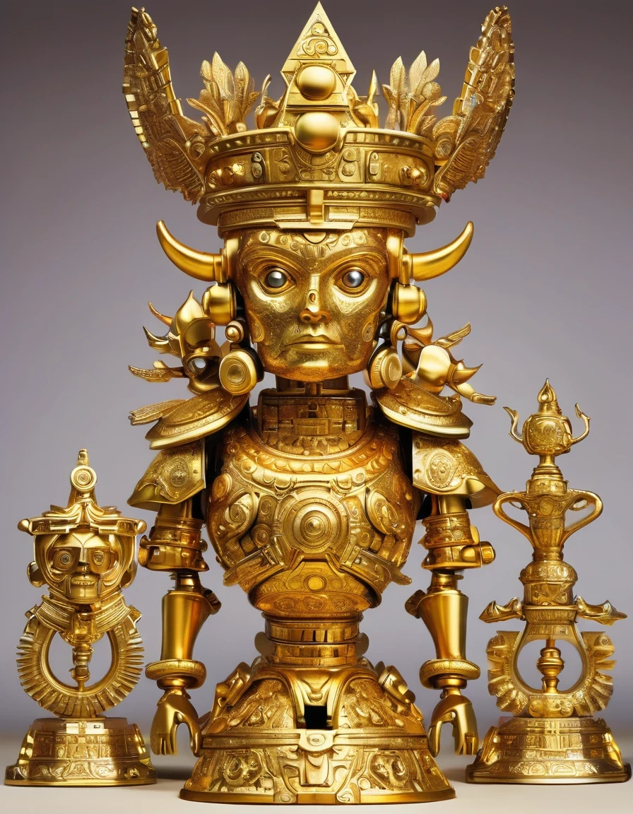 Golden trophies,in style of Aztec Empire period , roboto character,Demon's Crown, in style of Del Kathryn Barton
