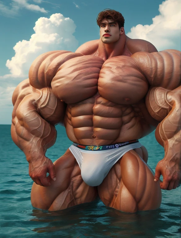 1boy, giant, model shoot style, looking at camera, standing, cool ambience, outdoor, summer season, at the ocean lagoon, cloudy sky, strong body, bulk, large size, standing, white triangular underwear, prominent bulge, big, brutalmass, giant, muscular body, bulk, massive body, large meaty body size