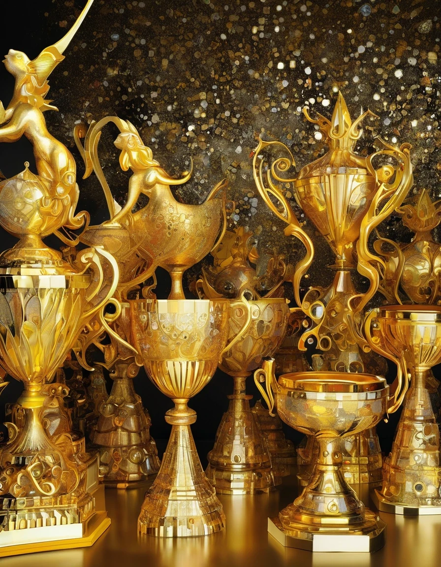 Golden trophies, in style of Del Kathryn Barton