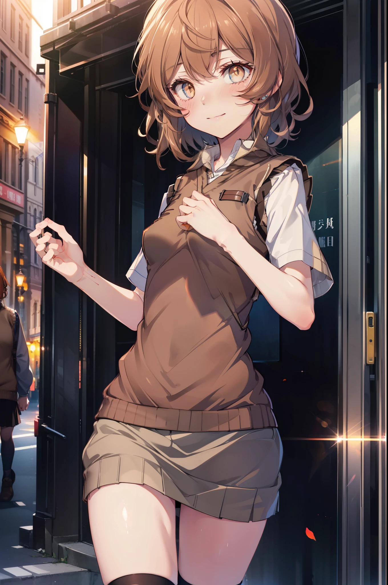 Liliru Card, Liliruca gets burned,  (Brown eyes:1.7),height: 140cm, Brown Hair, (Small breasts:1.2),blush,smile, short hair, uniform,  Y-shirt,Sweater vest, (brown Sweater vest:1.5),Short sleeve white shirt, Collared shirt, skirt,black  pleated skirt,Black knee socks,Brown Loafers,On the way home from school,evening,夕陽
break looking at viewer,
break outdoors, city,Building Street,
break (masterpiece:1.2), highest quality, High resolution, unity 8k wallpaper, (shape:0.8), (Fine and beautiful eyes:1.6), Highly detailed face, Perfect lighting, Highly detailed CG, (Perfect hands, Perfect Anatomy),