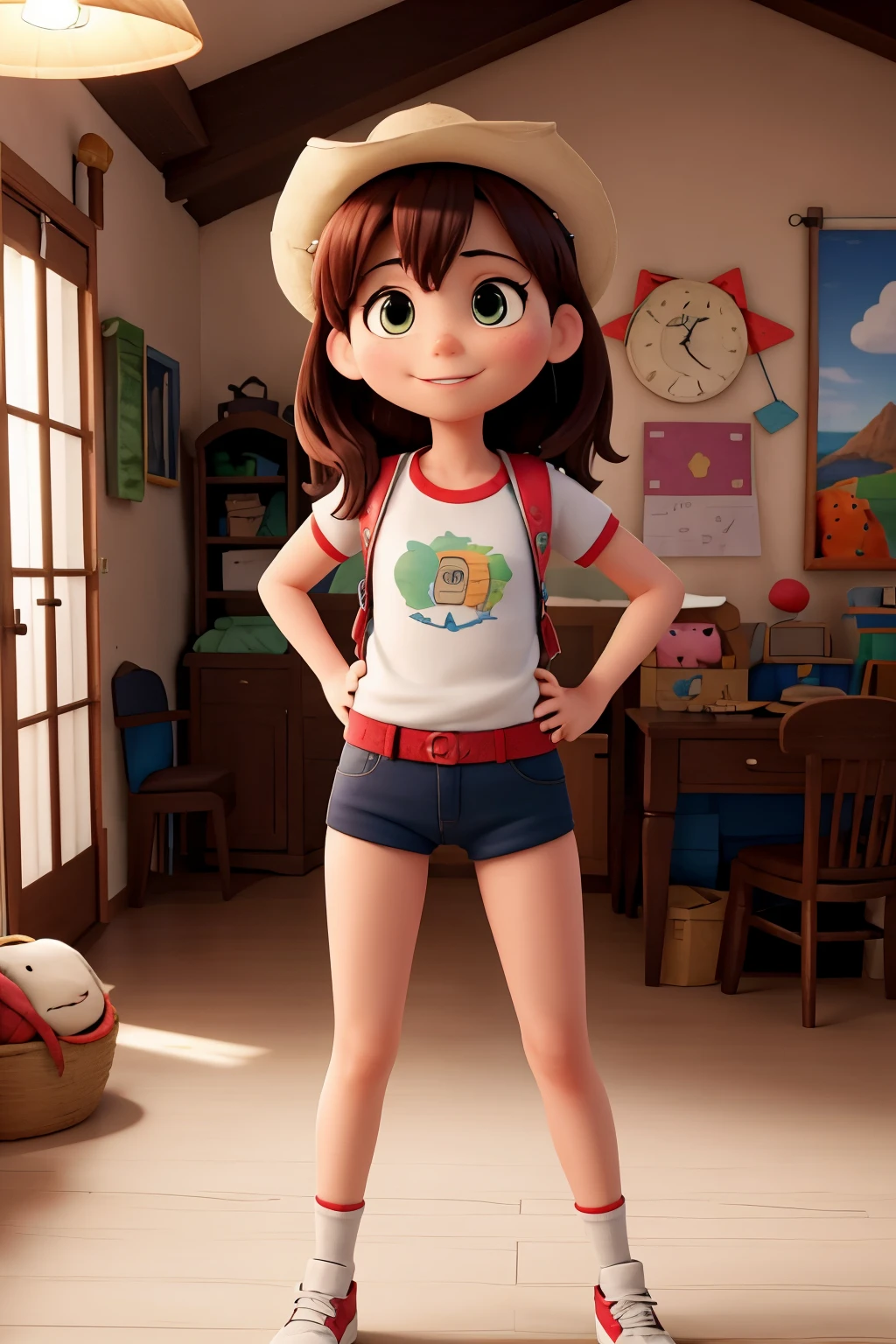 Obra maestra, mejor calidad, high resolution, extremadamente detallado, antecedentes detallados, cinematic lighting, 1 chica, mirando al espectador, parque, white pants, sombrero para el sol, sonrisa, wearing mochila randoseru, (mochila randoseru:1.0), en silla de ruedas