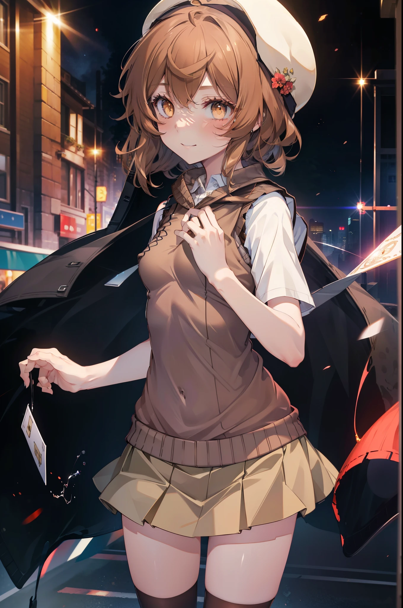Liliru Card, Liliruca gets burned, (Brown eyes:1.7),height: 140cm, Brown Hair, (Small breasts:1.2),blush,smile, short hair, uniform, Y-shirt,Sweater vest, (brown Sweater vest:1.5),Short sleeve white shirt, Collared shirt, skirt,black pleated skirt,Black knee socks,Brown Loafers,On the way home from school,evening,夕陽
break looking at viewer,
break outdoors, city,Building Street,
break (masterpiece:1.2), highest quality, High resolution, unity 8k wallpaper, (shape:0.8), (Fine and beautiful eyes:1.6), Highly detailed face, Perfect lighting, Highly detailed CG, (Perfect hands, Perfect Anatomy),