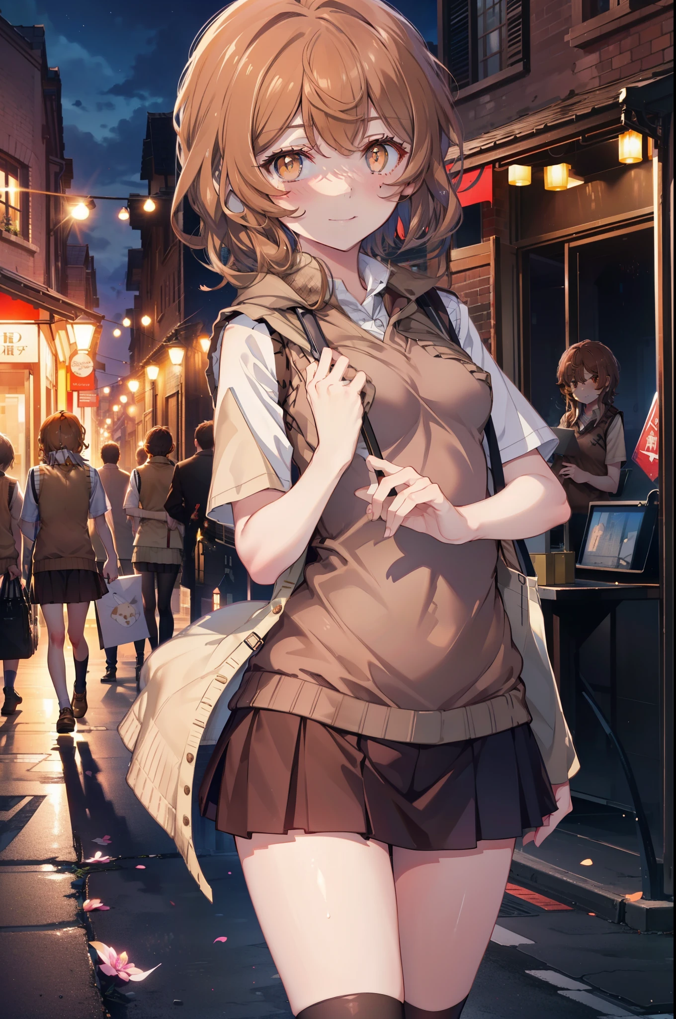 Liliru Card, Liliruca gets burned,  (Brown eyes:1.7),height: 140cm, Brown Hair, (Small breasts:1.2),blush,smile, short hair, uniform,  Y-shirt,Sweater vest, (brown Sweater vest:1.5),Short sleeve white shirt, Collared shirt, skirt,black  pleated skirt,Black knee socks,Brown Loafers,On the way home from school,evening,夕陽
break looking at viewer,
break outdoors, city,Building Street,
break (masterpiece:1.2), highest quality, High resolution, unity 8k wallpaper, (shape:0.8), (Fine and beautiful eyes:1.6), Highly detailed face, Perfect lighting, Highly detailed CG, (Perfect hands, Perfect Anatomy),