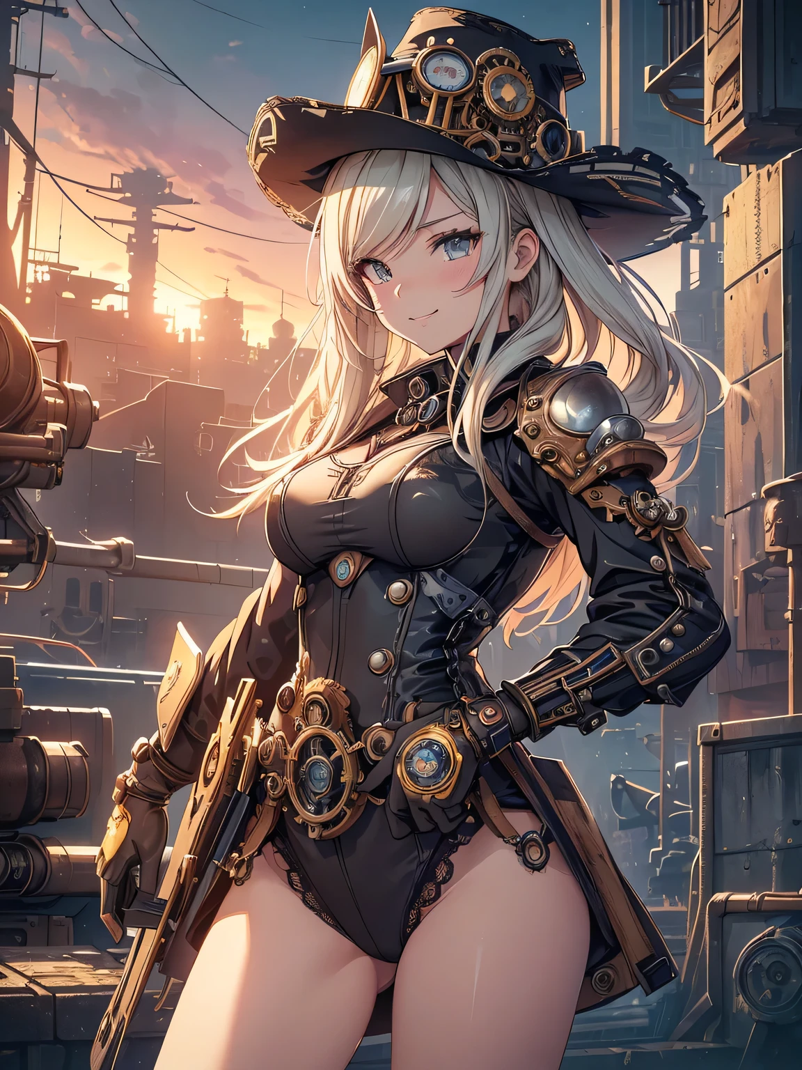 (Line art_anime),(Cowboy Shot,Low Angle, highest quality, ),(Laura Budd Photos:1.2),(Laura Add details:1.0),8k, Flat Color:0.8,1 girl,smile,(Highly decorative and complex mechanical steampunk fashion, Lace flare dolphin hat、Goggles 1.5、machinery background、Gear background、An elaborately mechanized steampunk cityscape 1.5),