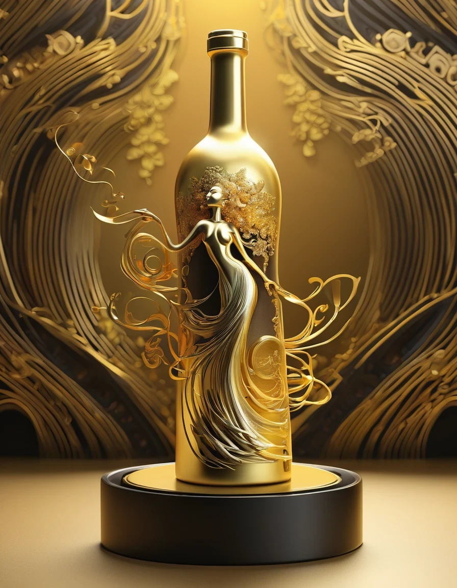 3D effects, streamlined woman wine bottle gold trophy design, Tang Sancai, Tibetan mural style, minimalist, technological, minimalist, skeleton, sculpture,, Rolf Armstrong Style: fractal, sand painting, Tibetan painting, imagination, 3D printing, concert poster, laser cutting, crafts, bintwood, enamel pins, string art, taurus, ♉︎, Scorpio, ♏︎, Sagittarius, ♐︎,Unreal engine,rendered in octane,high detail,hyper quality,high resolution,surrealism,16K,depth of field (dof),close up,rays of shimmering light,