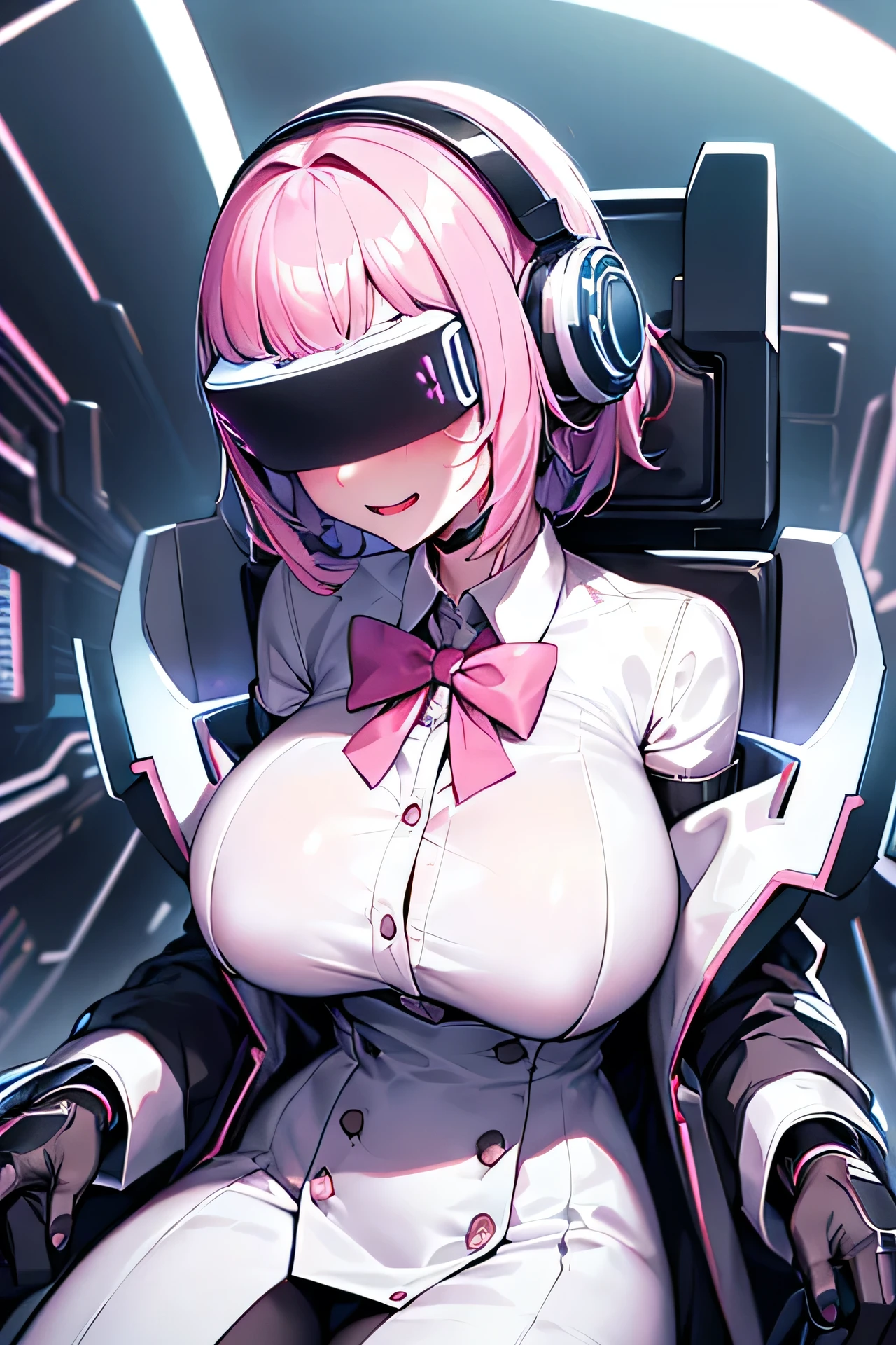 Anime cyborg girl sitting in a pilot seat wearing a virtual reality headset covering her eyes on her face with machinery and tubes and wires going inside her head and brain, (Best quality,highres:1.2), ultra-detailed, (realistic:1.3), cyberpunk, futuristic, portrait, shiny revealing latex outfit, cyber implants, virtual reality, drooling face, cables plugging into brain, shirt collar, bowtie, formal clothing, open mouth smile, facing viewer, girl is vibrating, glowing virtual reality headset, relaxed expression, blushing, cyber future formal wear, cyberpunk, futuristic, brain drain, cyber implants, virtual reality, drooling face, virtual reality headset covering eyes, , big collar, high collar, open mouth smile, pleasured face expression, skin tight clothing, big shirt collar, big bowtie, biggest breasts in the world, light-emitting cable connected to brain, head antennas, oversized headphones, breasts are vibrating, open mouth drooling, blank expression, red face blush, cyborg, android, mechanical creature, mechanical torso, futuristic cyberpunk cyborg body, slim futuristic android, glowing lights on girls body, power cells, head is emitting pink light, formal shirt collar, big formal bowtie, , glowing nipples, big shirt collar, high collar, white collar, electrocution, girl being electrocuted, electricity, electricity sparks, pink hair, short hair, neon pink hair, body modification, orgasm, pleasure, (VR headset covering the eyes), vibrating breasts, vibrating girl, intense vibration, glowing nipples, lightbulb nipples, girl wearing large VR headset, glowing eyes, blank eyes, focused face expression, buttoned up white dress shirt, formal shirt with huge collar