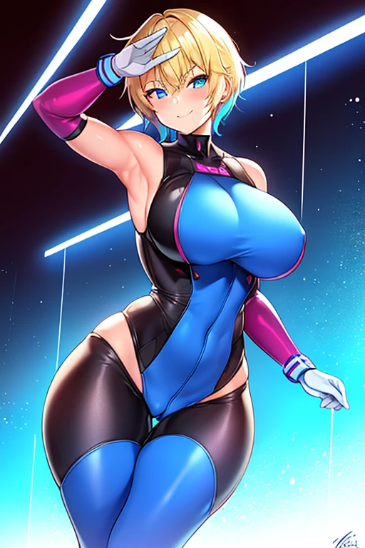 1girl, large breasts, thick thighs, toned, age, toned female, blue eyes, blue bodysuit, bodysuit, futurustic, science-fiction, neon trim, neon, neon lights, blonde hair, very short hair, pixie cut, tomboy, salute, standing, smile, smirk, smug, cameltoe, pilot suit, tomboy, belt, ((standing))