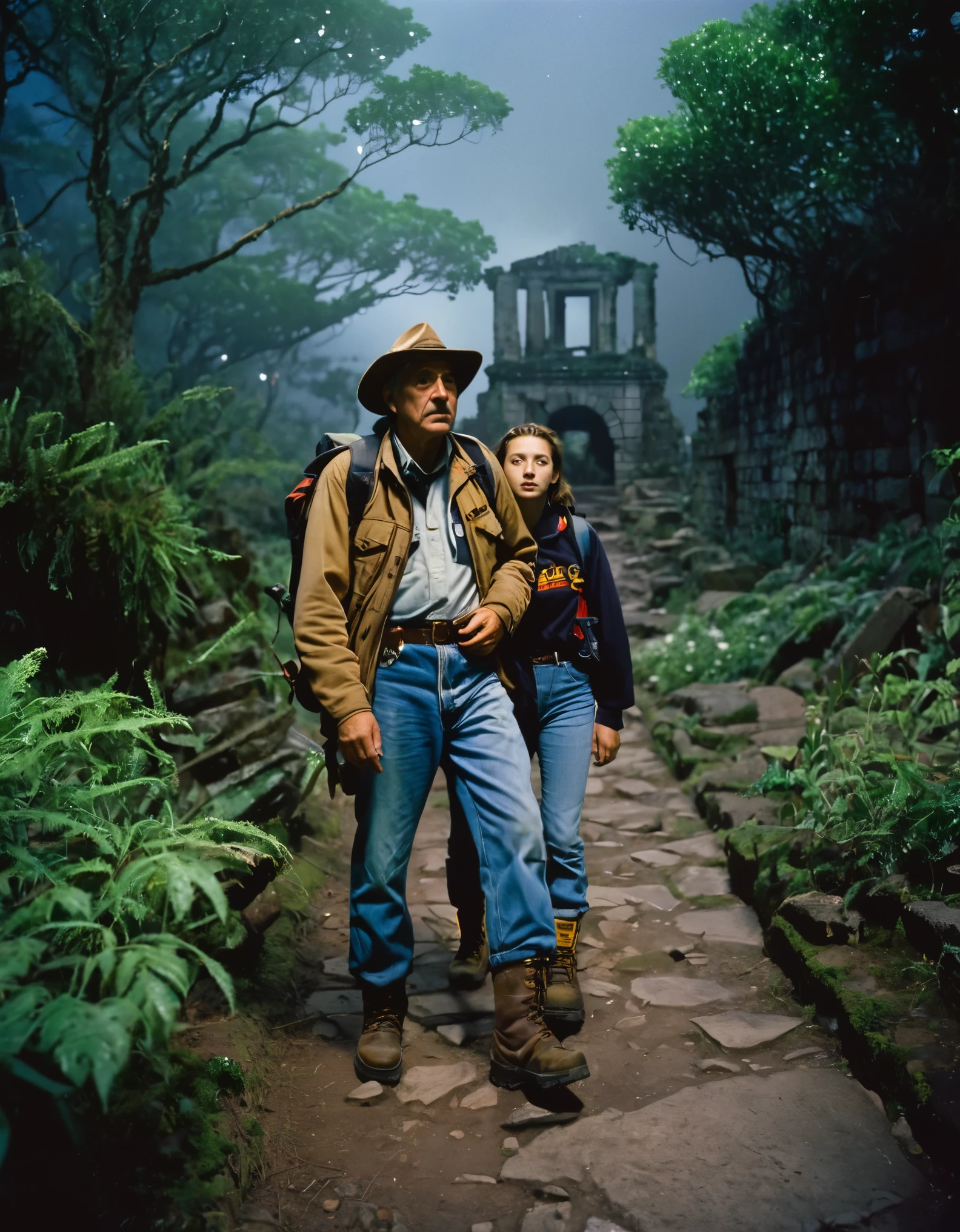 (work of art, super detailed, best quality), realistic photograph, 35mm, Fuji Superia 1600, ISO-1600, f/5.6, photograph, eerie fog atmosphere, night time. The image features an upward view of a middle-aged man wearing old explorer clothes walking side by side with a teenage girl, wearing jeans shorts, a shirt, and camping boots, on a forest path with (((overgrown flora and fauna))), through the ((ruins of an ancient city)).