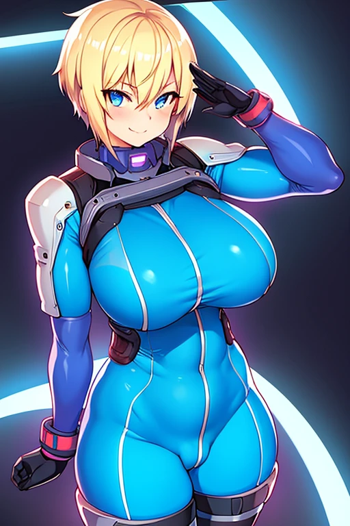 1girl, large breasts, thick thighs, toned, age, toned female, blue eyes, blue bodysuit, bodysuit, futurustic, science-fiction, neon trim, neon, neon lights, blonde hair, very short hair, pixie cut, tomboy, salute, standing, smile, smirk, smug, cameltoe, pilot suit, tomboy, belt, ((standing))