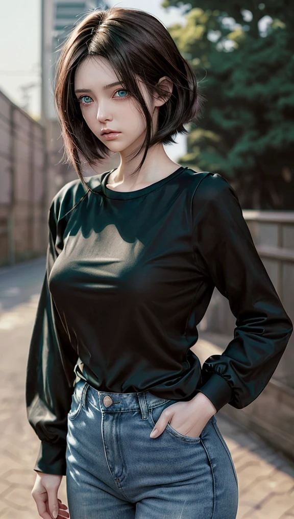 anime character of a woman with a black shirt longsleeve and blue jeans, short brown hair, neck length, green eyes, a digital painting inspired by Tomer Hanuka, trending on pixiv, serial art, heavy gesture style closeup, full body details, wearing casual clothes, style anime, anime style hyper detailed, anime style character, striking detailed artstyle, realistic artstyle, clean detailed anime style, modern anime style, Brown Hair