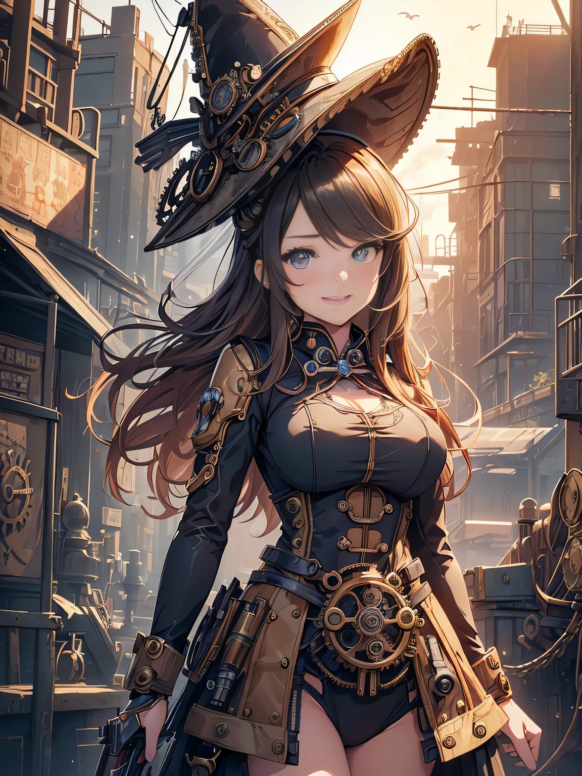 (Line art_anime),(Cowboy Shot,Low Angle, highest quality, ),(Laura Budd Photos:1.2),(Laura Add details:1.0),8k, Flat Color:0.8,1 girl,smile,(Highly decorative and complex mechanical steampunk fashion, Lace flare dolphin hat、Goggles 1.5、machinery background、Gear background、An elaborately mechanized steampunk cityscape 1.5),