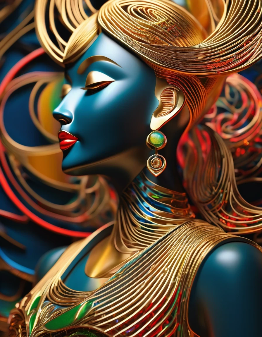 3D rendering of Women streamlined, golden trophy design, Tang tricolor, Tibetan mural style, minimalism, sense of science and technology, simplicity, hollowing out, carving,red，green，blue，black，,in the style of rolf armstrong: fractal,Sandpainting,Tibetan Painting,Imaginative,3D Printed,Concert Poster,Laser-Cut,Arts and Crafts,Bentwood,Enamel Pin,String-Art,Taurus, ♉︎,Scorpio, ♏︎,Sagittarius, ♐︎,Unreal engine,rendered in octane,high detail,hyper quality,high resolution,surrealism,16K,depth of field (dof),close up,rays of shimmering light,