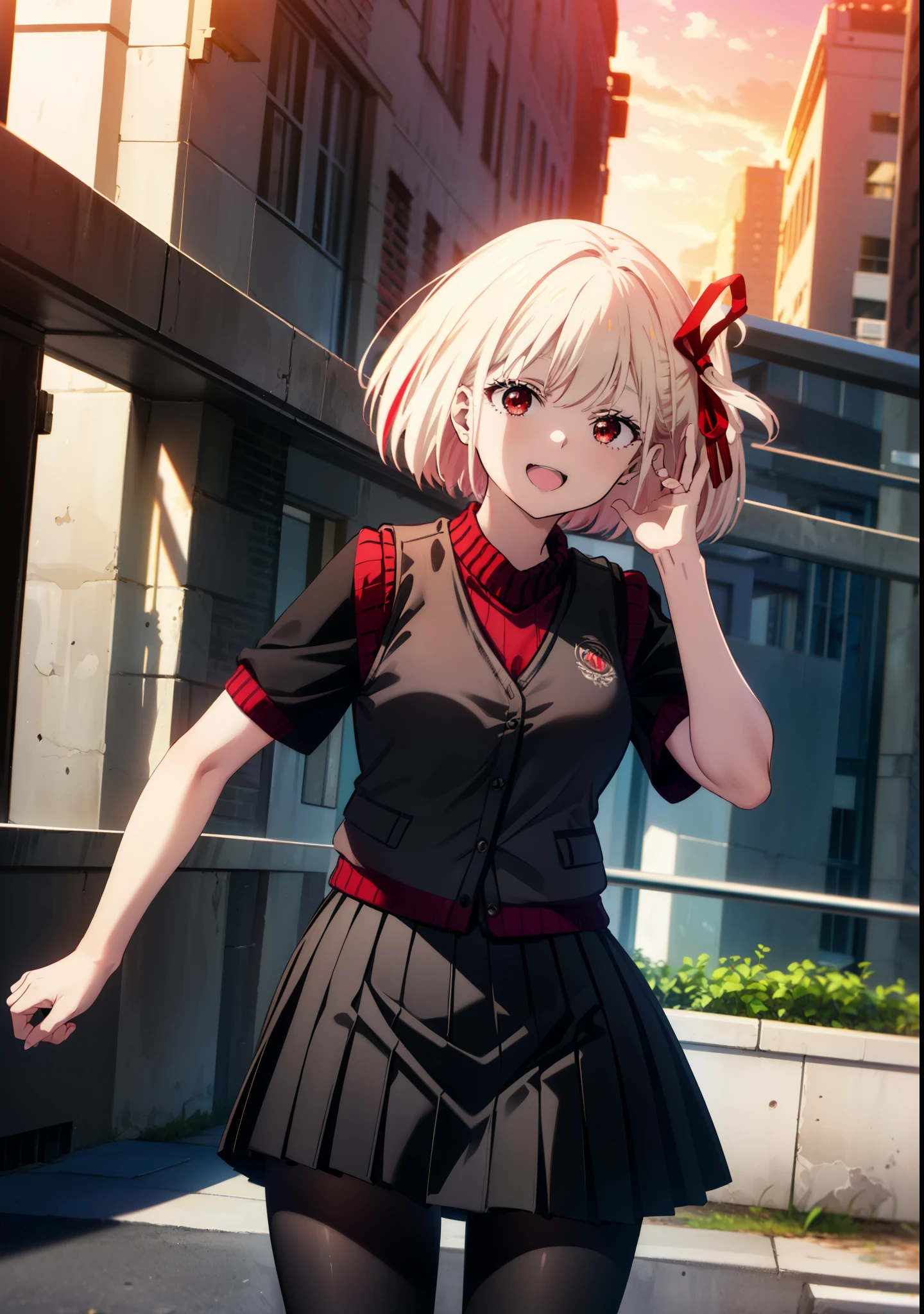 chisatonishikigi, Chisato Nishikigi, short hair, bangs, Blonde, (Red eyes:1.5), hair ribbon, One side up, Bobcut,happy smile, smile, Open your mouth,
White shirt, Short sleeve, Pleated skirt, socks, Collared shirt, mini skirt, Black pantyhose, (Black Skirt:1.5), Sweater vest, (red Sweater vest:1.5),Brown loafers,morning,morning陽,The sun is rising，
break outdoors, city,
break looking at viewer, (Cowboy Shot:1.5),
break (masterpiece:1.2), highest quality, High resolution, unity 8k wallpaper, (figure:0.8), (Beautiful fine details:1.6), Highly detailed face, Perfect lighting, Highly detailed CG, (Perfect hands, Perfect Anatomy),