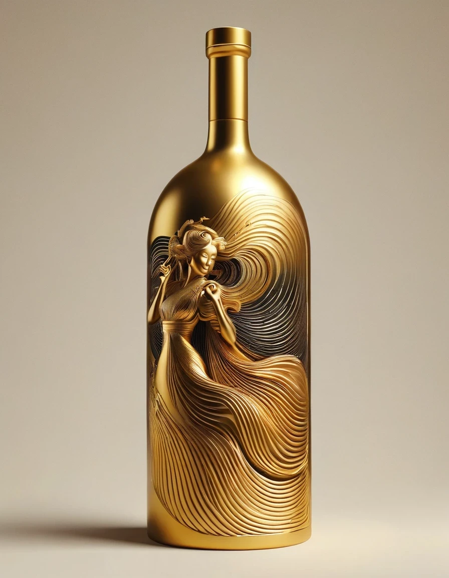 3D effects, streamlined woman wine bottle gold trophy design, Tang Sancai, Tibetan mural style, minimalist, technological, minimalist, skeleton, sculpture,, Rolf Armstrong Style: fractal, sand painting, Tibetan painting, imagination, 3D printing, concert poster, laser cutting, crafts, bintwood, enamel pins, string art, taurus, ♉︎, Scorpio, ♏︎, Sagittarius, ♐︎,Unreal engine,rendered in octane,high detail,hyper quality,high resolution,surrealism,16K,depth of field (dof),close up,rays of shimmering light,