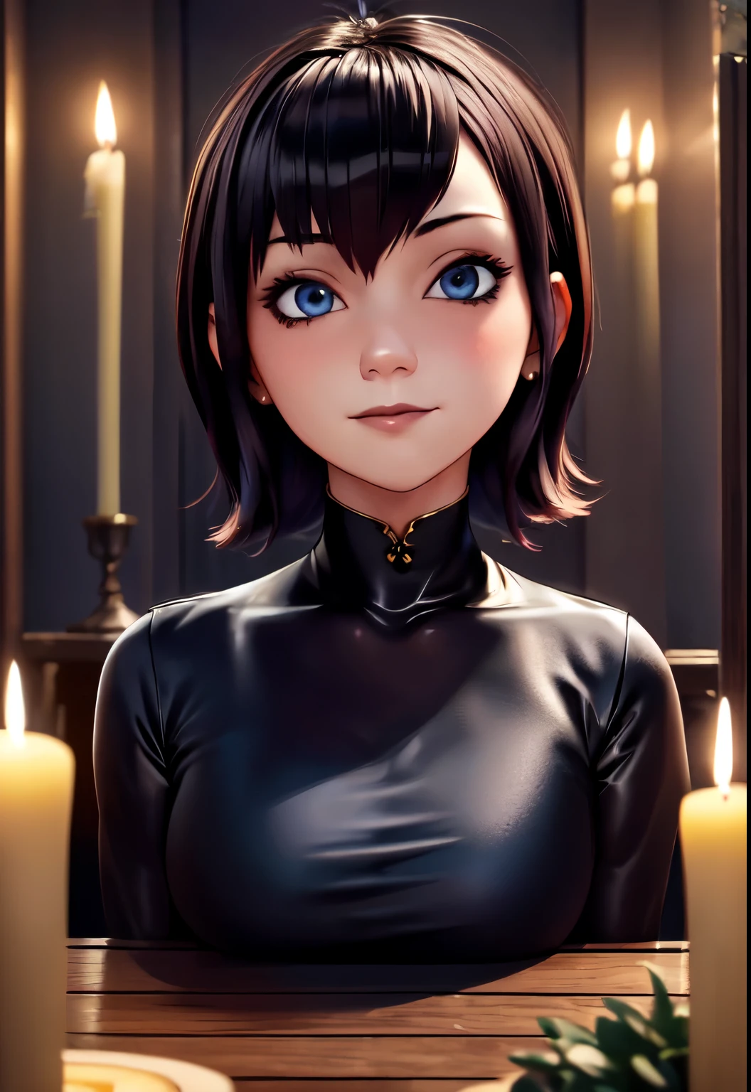 (Digital Artwork:1.3), 1girl, sfw, mavis_dracula, 1girl, solo,, light skin, quarter turn,1/4 body pose, upper body view, eyes focus, looking at the viewer, (flirty facial expression:1.3), blue eyes,  body, in early twenties,  breasts, goth outfit, luxurious spa with candlelit ambiance, (masterpiece, best quality, absurdres, detailed, ultra-detailed:1.3), alluring, (trending on CGSociety, trending on pixiv, contest winner:1.3)