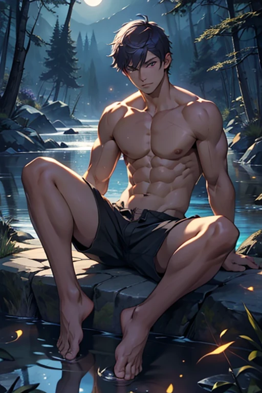 boy, Ashy short hair, Purple eyes, naked torso, bare top, slender body, normal body, shorts, without shoes, sitting on a stone, spread legs, night, forest landscape, lake, fireflies, Moonlight. 