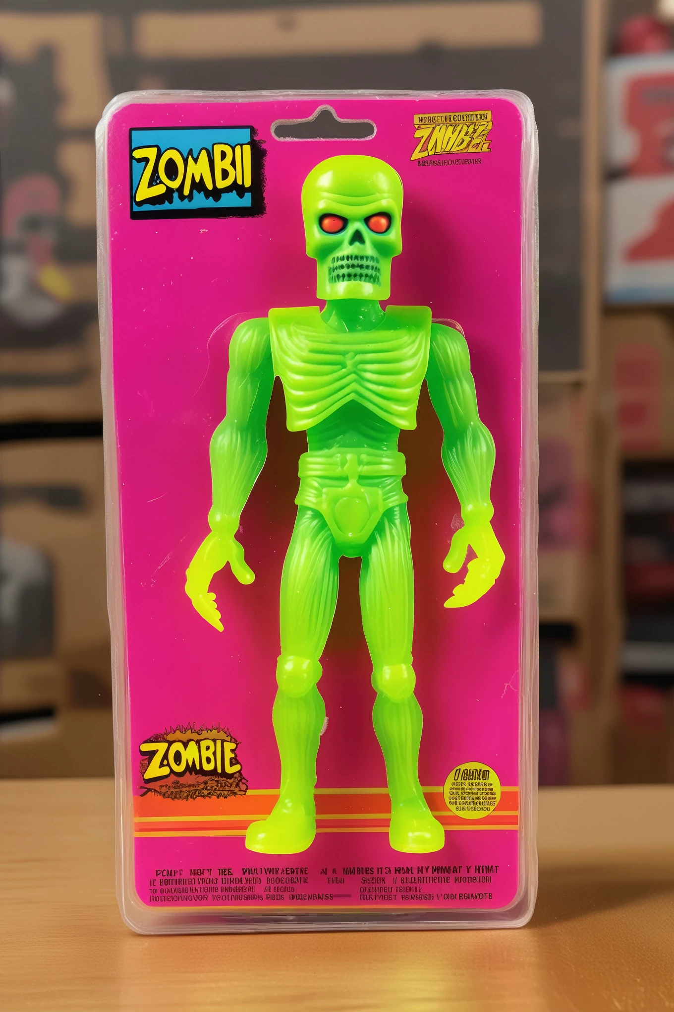1987 Action Figure Playset Packaging - a 1970s die cast kenner style action figure shaped like a neon colored zombie standing next to its cardboard and plastic packaging