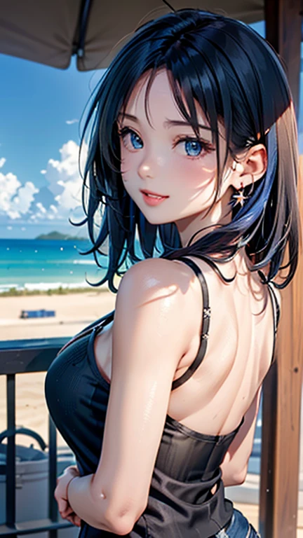 (((UHD)), ((highest quality)), ((masterpiece)), (Very detailed), (High resolution), (Beautiful detailed sparkle), (High detail), (Anatomically correct)), ((Realistic)), 8k, 1080P, Photorealistic:1.37, CG illustration, Anime 2D Rendering,
(((One Woman))),
(Symmetrical facial features:1.4, Perfect Face), Beautiful clavicle, (Beautiful fingers), (((Beautiful breasts, Slightly smaller chest))),
Beautiful body, Beautiful thighs, Beautiful feet, Perfect round butt, (((Detailed skin, Textured skin, Beautiful white skin:1.4))),
(((Baby Face, cute, ))),
(Droopy eyes, Expression of fine eyes, Beautiful and delicate eyes, Sparkling eyes, Eye Reflexes, Dark Eyes),
(Beautiful Nose,Thin Nose),
(Smaller mouth, Glossy Lips, Beautiful Lips, thick lips),
(Beautiful Hair, Shiny Hair, Shiny Hair), Hair fluttering, (((Blue Hair, Forehead, The hair on the back is very short, Very long side bangs))),
(Black camisole:1.4)、(Denim skinny pants), sneakers, Earrings、Silver Necklace、
BREAK
(smug face),
(Character Focus, Upper Body, Bust Shot, squat),
BREAK
((noon、Sunshine、beach)),