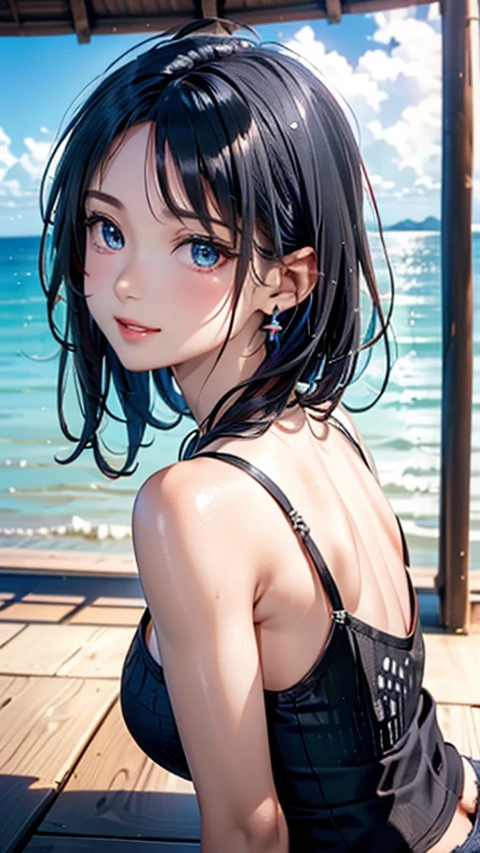 (((UHD)), ((highest quality)), ((masterpiece)), (Very detailed), (High resolution), (Beautiful detailed sparkle), (High detail), (Anatomically correct)), ((Realistic)), 8k, 1080P, Photorealistic:1.37, CG illustration, Anime 2D Rendering,
(((One Woman))),
(Symmetrical facial features:1.4, Perfect Face), Beautiful clavicle, (Beautiful fingers), (((Beautiful breasts, Slightly smaller chest))),
Beautiful body, Beautiful thighs, Beautiful feet, Perfect round butt, (((Detailed skin, Textured skin, Beautiful white skin:1.4))),
(((Baby Face, cute, 15 years old))),
(Droopy eyes, Expression of fine eyes, Beautiful and delicate eyes, Sparkling eyes, Eye Reflexes, Dark Eyes),
(Beautiful Nose,Thin Nose),
(Smaller mouth, Glossy Lips, Beautiful Lips, thick lips),
(Beautiful Hair, Shiny Hair, Shiny Hair), Hair fluttering, (((Blue Hair, Forehead, The hair on the back is very short, Very long side bangs))),
(Black camisole:1.4)、(Denim skinny pants), sneakers, Earrings、Silver Necklace、
BREAK
(smug face),
(Character Focus, Upper Body, Bust Shot, squat),
BREAK
((noon、Sunshine、beach)),