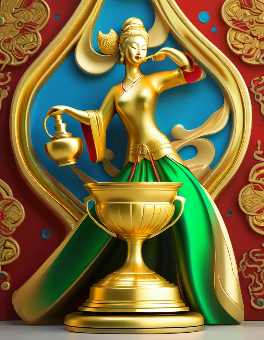 (best quality,4k,8k,highres,masterpiece:1.2),ultra-detailed,(realistic,photorealistic,photo-realistic:1.37),streamlined woman,golden trophy,wine bottle stand,colorful Dunhuang mural colors,red,green,blue,black,ethnic design,