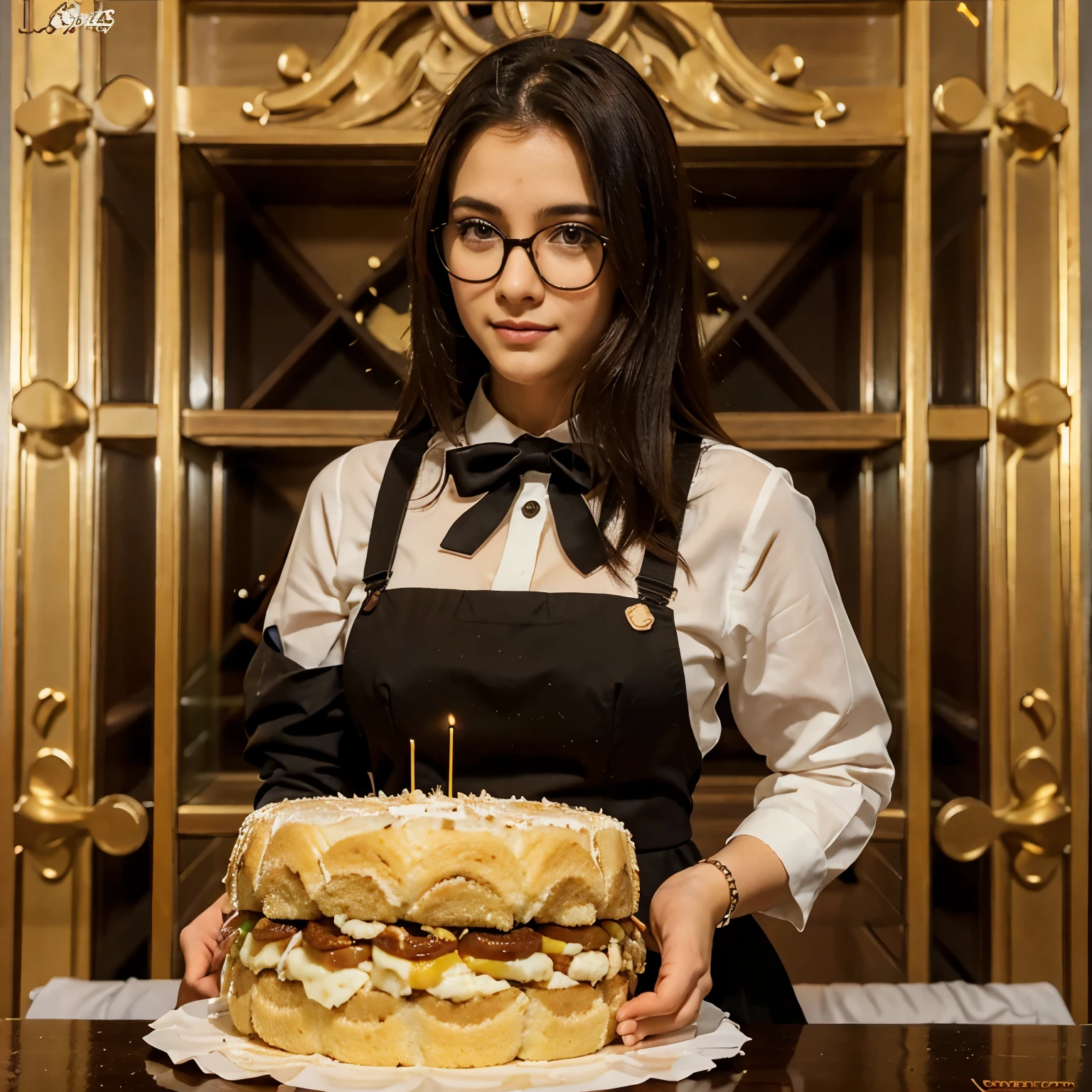 Garoto segurando uma torta doce, em cima de um pudim, wearing dunut glasses