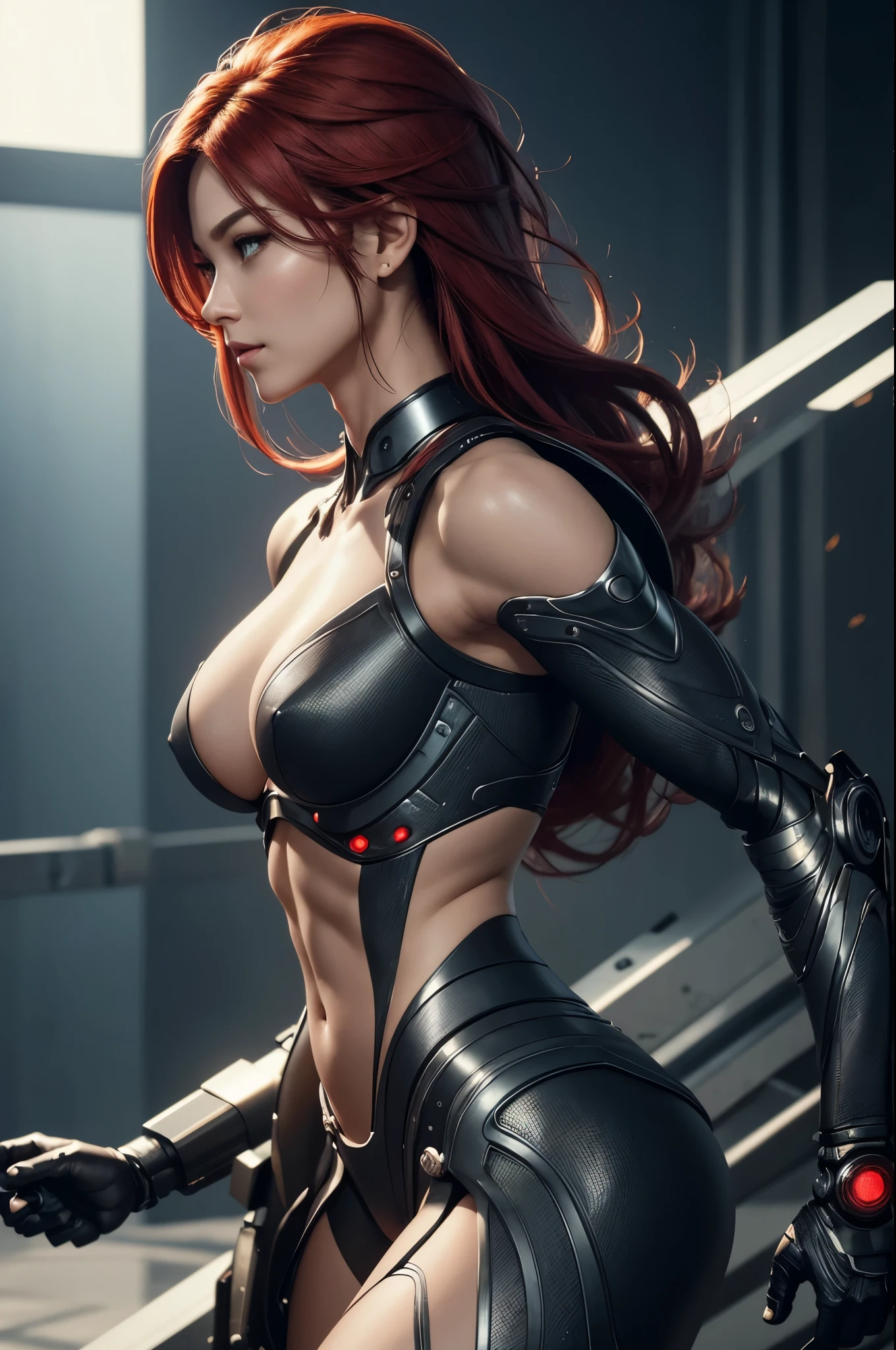 8K,A woman with one arm who is a cyborg,Super Beauty(Realistic Skin),Martial Arts Posture,Powerful gaze,Muscular, slim body and lower body,Fearless smile,Red hair mohawk,Perfect Anatomy,charm,Volume measurement,Body balance,Digital single-lens reflex camera, Soft lighting, Detailed Background, Written boundary depth, Volumetric lighting, Sharp focus, Absurd, Realistic proportions, Excellent anatomy, (Realistic, 超Realistic:1.4), 16K HDR, dawn,A High Resolution,super Realistic 肌,Super beautiful expression,Fantasy art,Character Art,Wind effects:1.9、Cloud Effect:1.2、Full Rendering、Professional quality high resolution、Perfect contrast、Perfect lighting、Perfect composition、Perfect Skin、Perfect Fingers、Perfect breasts、Perfect Hair、Perfect Face、Realistic facial features,super highest quality,Slim figure,Perfect body line,Perfect hand shape,Anatomical body balance,Highly detailed face,Highly detailed eyes,Beautiful Lips,Excellent light particles,Cinema Lighting,Makeup,Ultra-high resolution,Ultra-Realistic Skin,Lightweight costume,Robot arm,