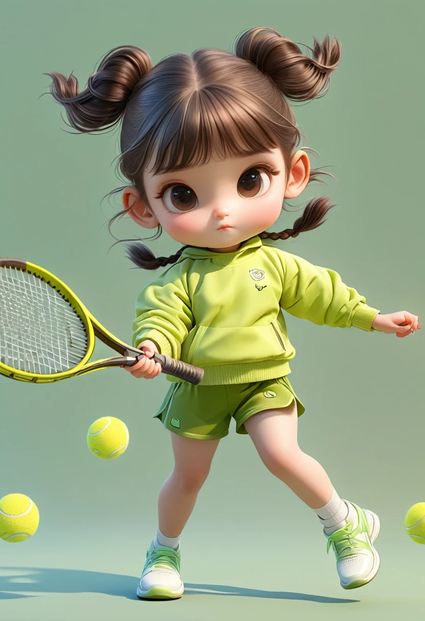 3D,1 girl,2 small braids,Tennis rackets,Sportswear Set,Cartoon Style