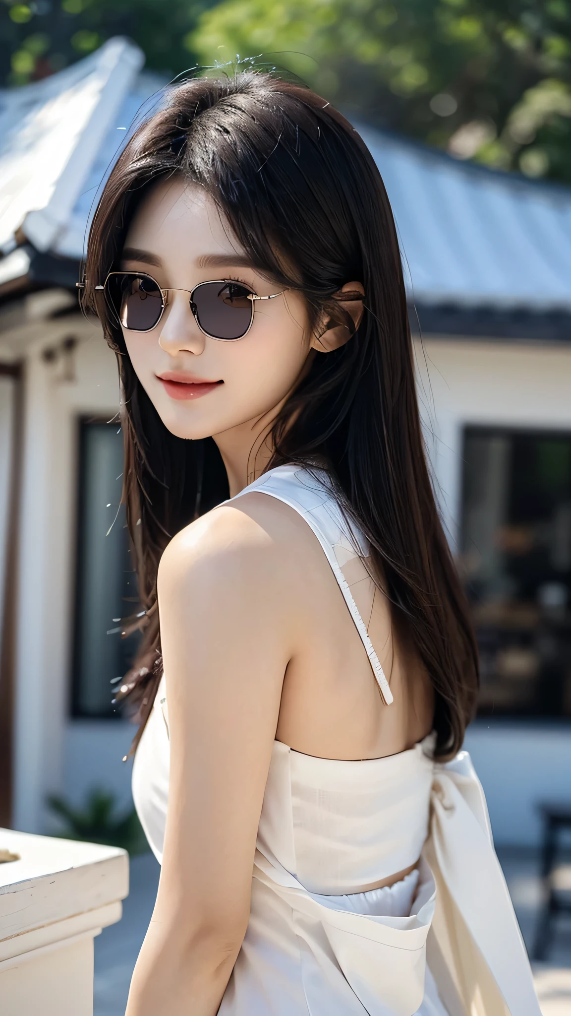 masterpiece、top-quality)、1 beautiful girl、((Wearing black sunglasses )), (Detailed beautiful eyes), ((Detailed skin)) , ((Detailed medium hair)), inside the black modern villa、((Boyish Brown Medium Hair))、((Smaller face))、((Neutral face))、((Face seen from the side))、((Light brown eyes))、((Korean Girl))、((18year old))、((cool lady))、((A shy smile on his face))、((Korean Makeup))、((elongated and sharp eyes))、((Happy dating))、((boyish))、((Shot from the same height as your face)、on the white villa ), ((CG rendering)), ((Blurred background)), ((16K)), ((Very detailed)), ((wallpaper)), ((depth of field)), ((movie light))