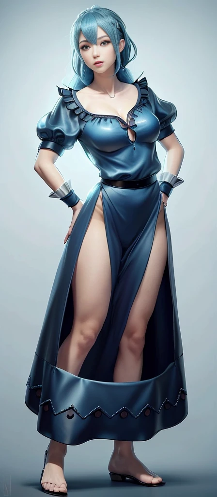 Blue hair surrealism, shadow, Character table, Reference Table, Standing painting, 8k, Super Detail, 1080P, Women HD, 4K, 8k, 16k, high resolution, best quality, high quality, Anatomically correct, masterpiece, precise, Ultra HD，grace，Unreal Engine，Delicate face，Long braids，slim，Long legs