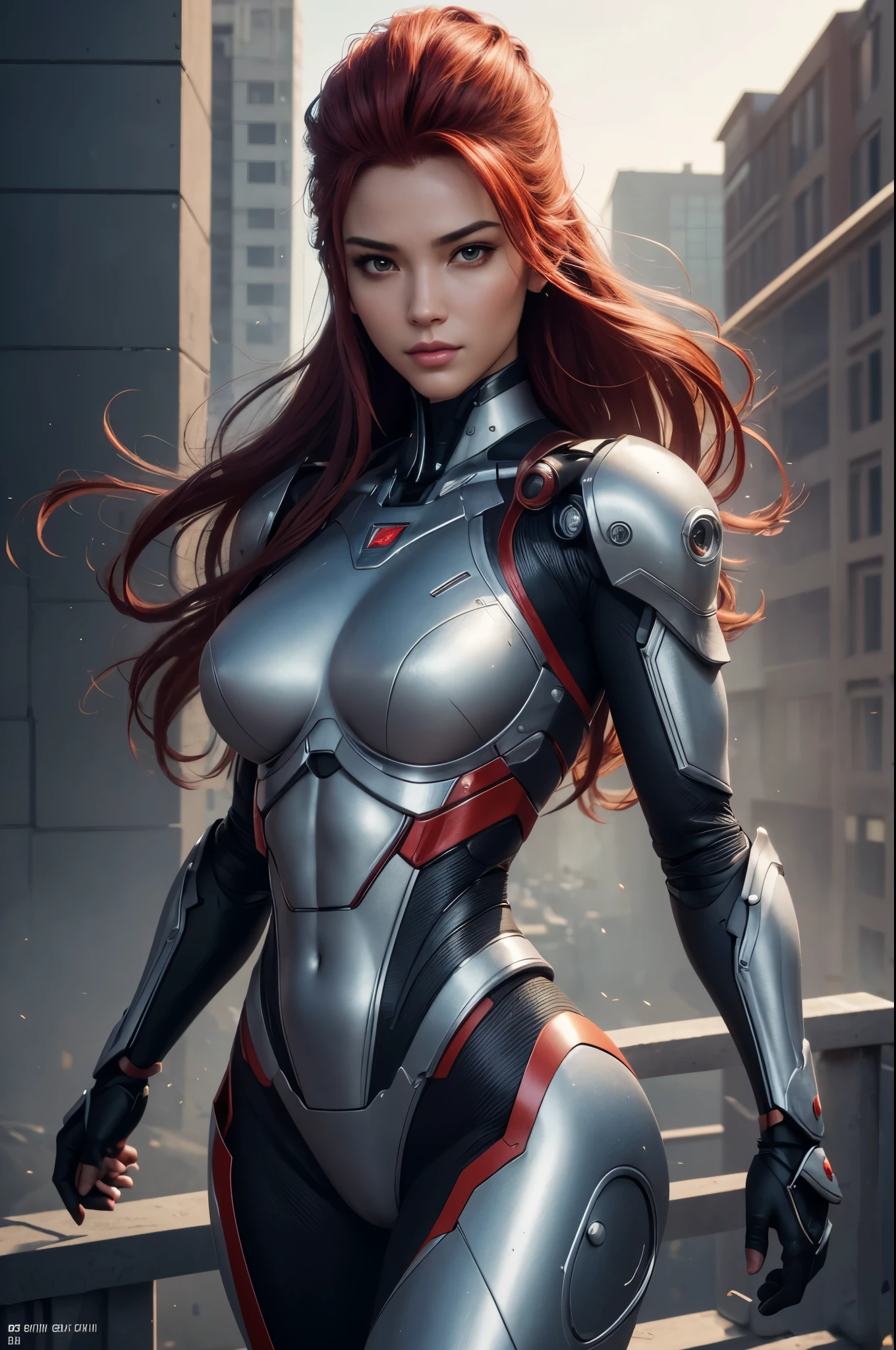 8K,A woman with one arm who is a cyborg,Super Beauty(Realistic Skin),Martial Arts Posture,Powerful gaze,Muscular, slim body and lower body,Fearless smile,Red hair mohawk,Perfect Anatomy,charm,Volume measurement,Body balance,Digital single-lens reflex camera, Soft lighting, Detailed Background, Written boundary depth, Volumetric lighting, Sharp focus, Absurd, Realistic proportions, Excellent anatomy, (Realistic, 超Realistic:1.4), 16K HDR, dawn,A High Resolution,super Realistic 肌,Super beautiful expression,Fantasy art,Character Art,Wind effects:1.9、Cloud Effect:1.2、Full Rendering、Professional quality high resolution、Perfect contrast、Perfect lighting、Perfect composition、Perfect Skin、Perfect Fingers、Perfect breasts、Perfect Hair、Perfect Face、Realistic facial features,super highest quality,Slim figure,Perfect body line,Perfect hand shape,Anatomical body balance,Highly detailed face,Highly detailed eyes,Beautiful Lips,Excellent light particles,Cinema Lighting,Makeup,Ultra-high resolution,Ultra-Realistic Skin,Lightweight costume,Robot arm,