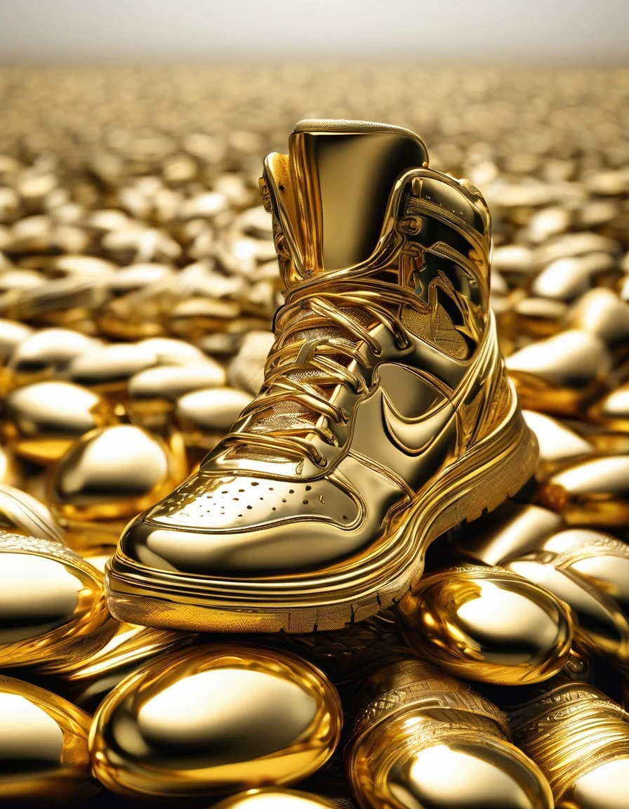 A huge golden trophy,(best quality,highres,ultra-detailed,realistic:1.37),golden trophy towering among countless worn-out running shoes, a testament to hard work and dedication, trophy shines brightly under the spotlight, gleaming reflections on its polished surface, intricate engravings and details, a symbol of achievement and success, worn-out running shoes symbolize the journey taken, signs of wear and tear from countless miles, each pair tells a story of determination and perseverance, a sea of shoes in various colors and designs, representing all the hard work put in, a visual representation of the sacrifices made, showcasing the dedication and passion, a memorable sight of triumph and perseverance.