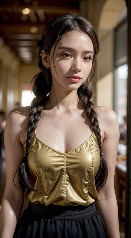 Uma mulher peituda de shorts em pe Andano justos na rua da cidade, altar shoes filled with sauto and hair braided into a complex, elegant style is portrayed in a stunning scene. Your braided hair displays a variety of patterns and textures, demonstrating skill and art in creating the hairstyle.
The woman is portrayed with a confident posture, sorridente e orgulhosa, destacando sua beleza e autenticidade. Your facial features are distinct and expressive, reflecting your individuality and inner strength.
The scene is softly lit, highlighting the details of the braided hair and the beauty of the woman. Your presence is captivating, conveying a sense of grace and determination.
This depiction of a black woman with braided hair is a celebration of black culture and beauty., capturing the elegance and pride of a traditionally significant hairstyle. na rua na praca