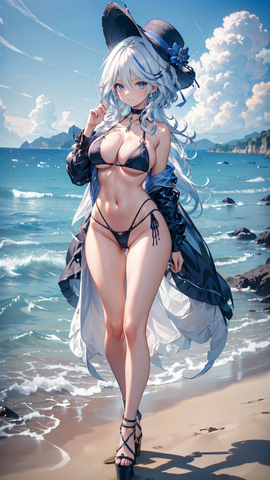 ((masterpiece, high resolution, better quality, better details)), (anime), one woman on the beach, ((toothy smile)), ((royal blue micro bikini with black details)), ((thong bikini)), cleavage, platform high heels, black neck choker, large straw hat, white hair with blue highlights, shiny skin, ((slender body)), front view, beach landscape, wide hips, slim waist, big breasts,