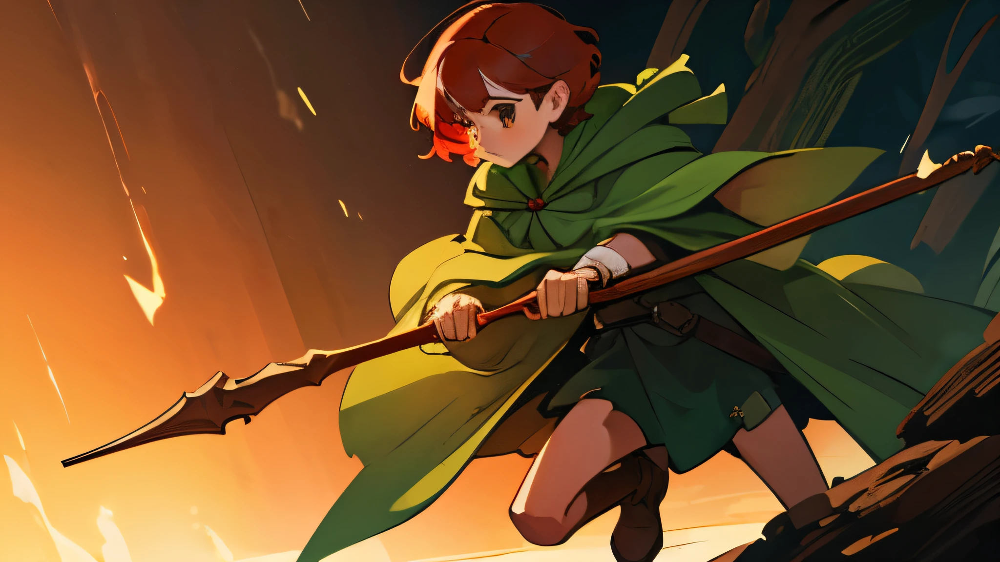 women with short red hair, green cloak, brown eyes, wooden twisted staff, dungeon, fantasy