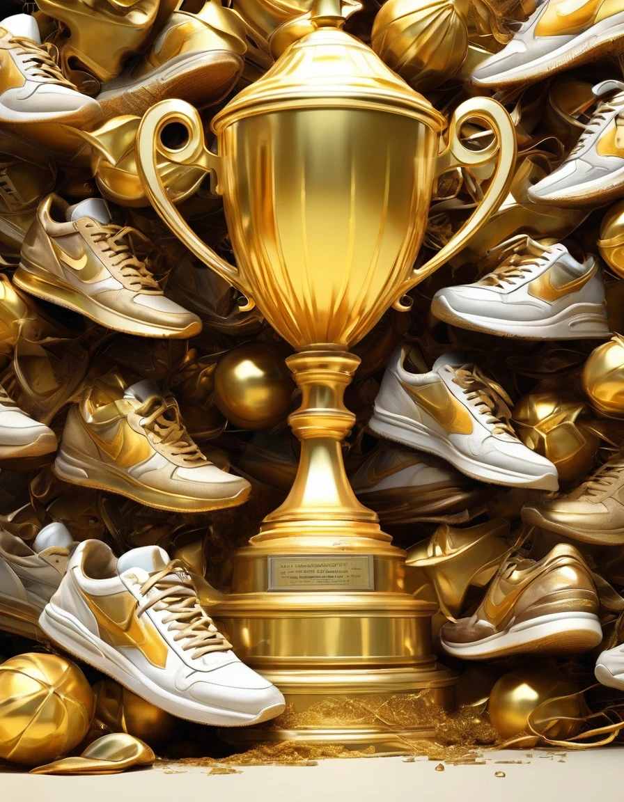 in style of Maximalism , Big golden trophy,background:Lots of worn-out sneakers,