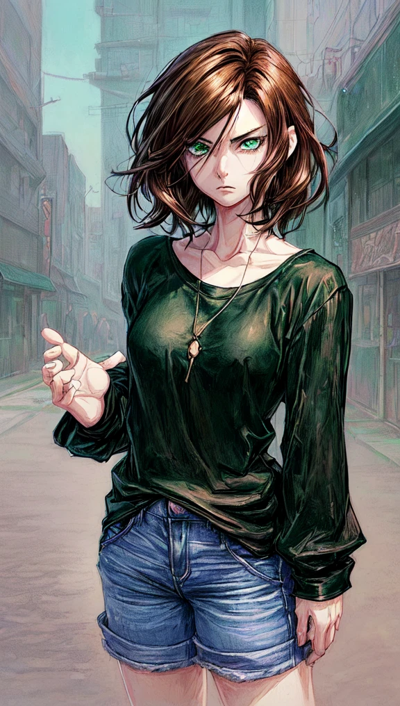 anime character of a woman with a black shirt longsleeve and blue jeans, short brown hair, neck length, green eyes, a digital painting inspired by Tomer Hanuka, trending on pixiv, serial art, heavy gesture style closeup, full body details, wearing casual clothes, style anime, anime style hyper detailed, anime style character, striking detailed artstyle, realistic artstyle, clean detailed anime style, modern anime style, Brown Hair