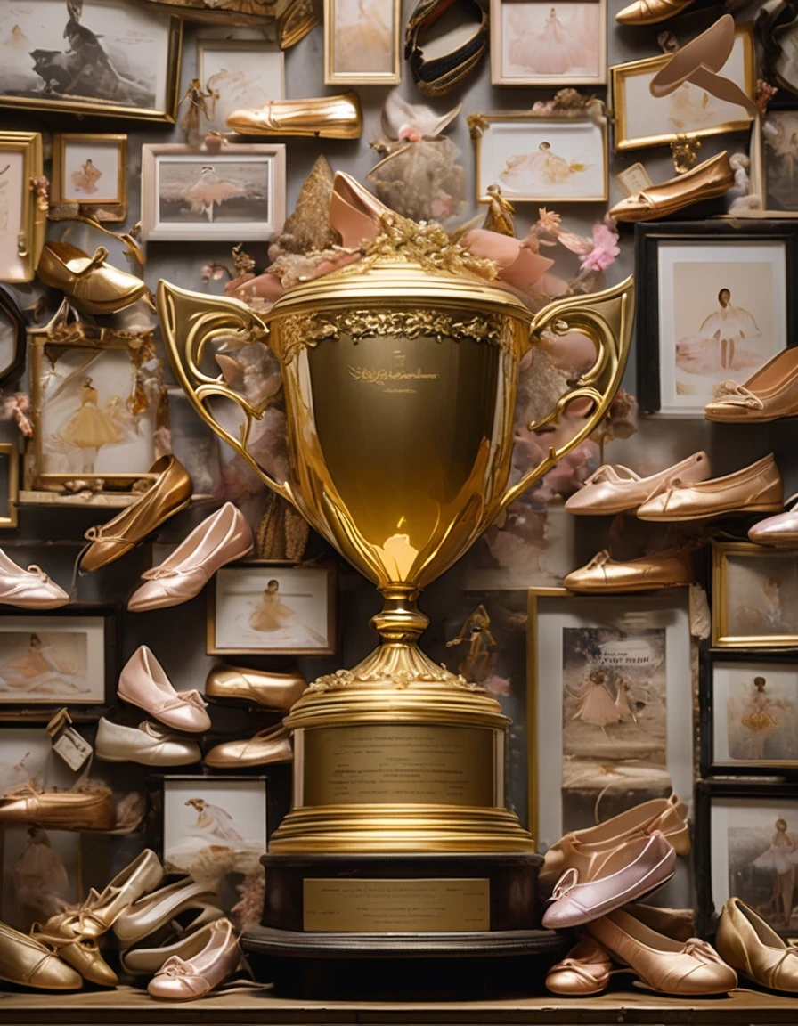 A huge golden trophy with engraved text，A small mountain of worn-out ballet shoes of all kinds，Ballet dancer posing in small photo frame