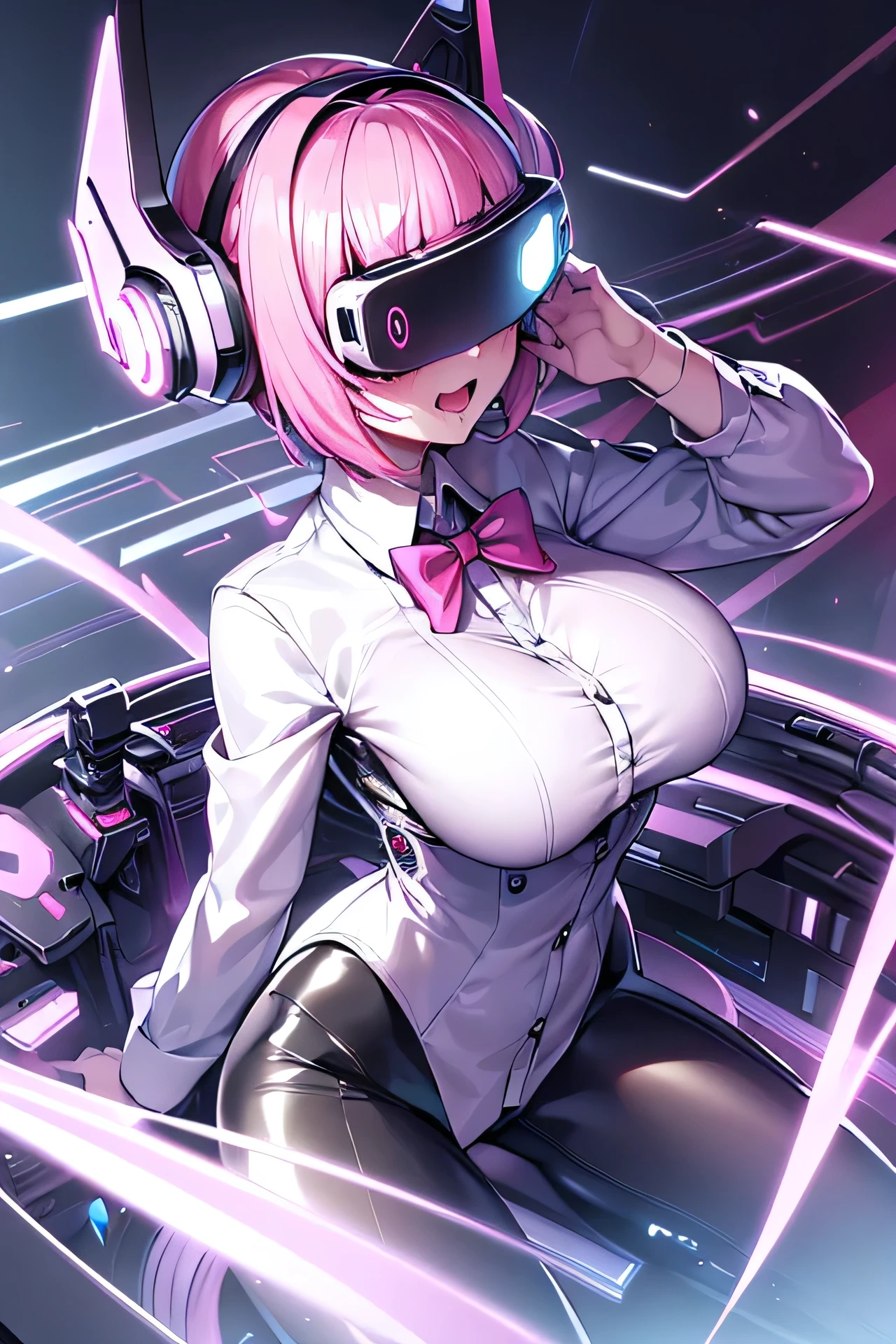 Anime cyborg girl sitting in a pilot seat wearing a virtual reality headset covering her eyes on her face with machinery and tubes and wires going inside her head and brain, (Best quality,highres:1.2), ultra-detailed, (realistic:1.3), cyberpunk, futuristic, portrait, shiny revealing latex outfit, cyber implants, virtual reality, drooling face, cables plugging into brain, shirt collar, bowtie, formal clothing, open mouth smile, facing viewer, girl is vibrating, glowing virtual reality headset, relaxed expression, blushing, cyber future formal wear, cyberpunk, futuristic, brain drain, cyber implants, virtual reality, drooling face, virtual reality headset covering eyes, , big collar, high collar, open mouth smile, pleasured face expression, skin tight clothing, big shirt collar, big bowtie, biggest breasts in the world, light-emitting cable connected to brain, head antennas, oversized headphones, breasts are vibrating, open mouth drooling, blank expression, red face blush, cyborg, android, mechanical creature, mechanical torso, futuristic cyberpunk cyborg body, slim futuristic android, glowing lights on girls body, power cells, head is emitting pink light, formal shirt collar, big formal bowtie, , glowing nipples, big shirt collar, high collar, white collar, electrocution, girl being electrocuted, electricity, electricity sparks, pink hair, short hair, neon pink hair, body modification, orgasm, pleasure, (VR headset covering the eyes), vibrating breasts, vibrating girl, intense vibration, glowing nipples, lightbulb nipples, girl wearing large VR headset, glowing eyes, blank eyes, focused face expression, buttoned up white dress shirt, formal shirt with huge collar