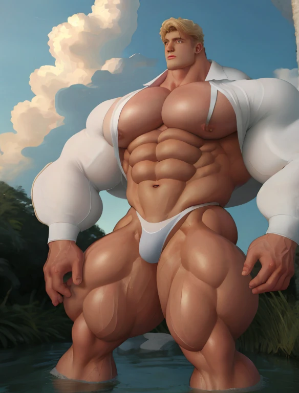 1boy, giant, model shoot style, looking at camera, standing, cool ambience, outdoor, summer season, at the ocean lagoon, cloudy sky, strong body, bulk, large size, standing, white triangular underwear, prominent bulge, big, brutalmass, giant, muscular body, bulk, massive body, large meaty body size