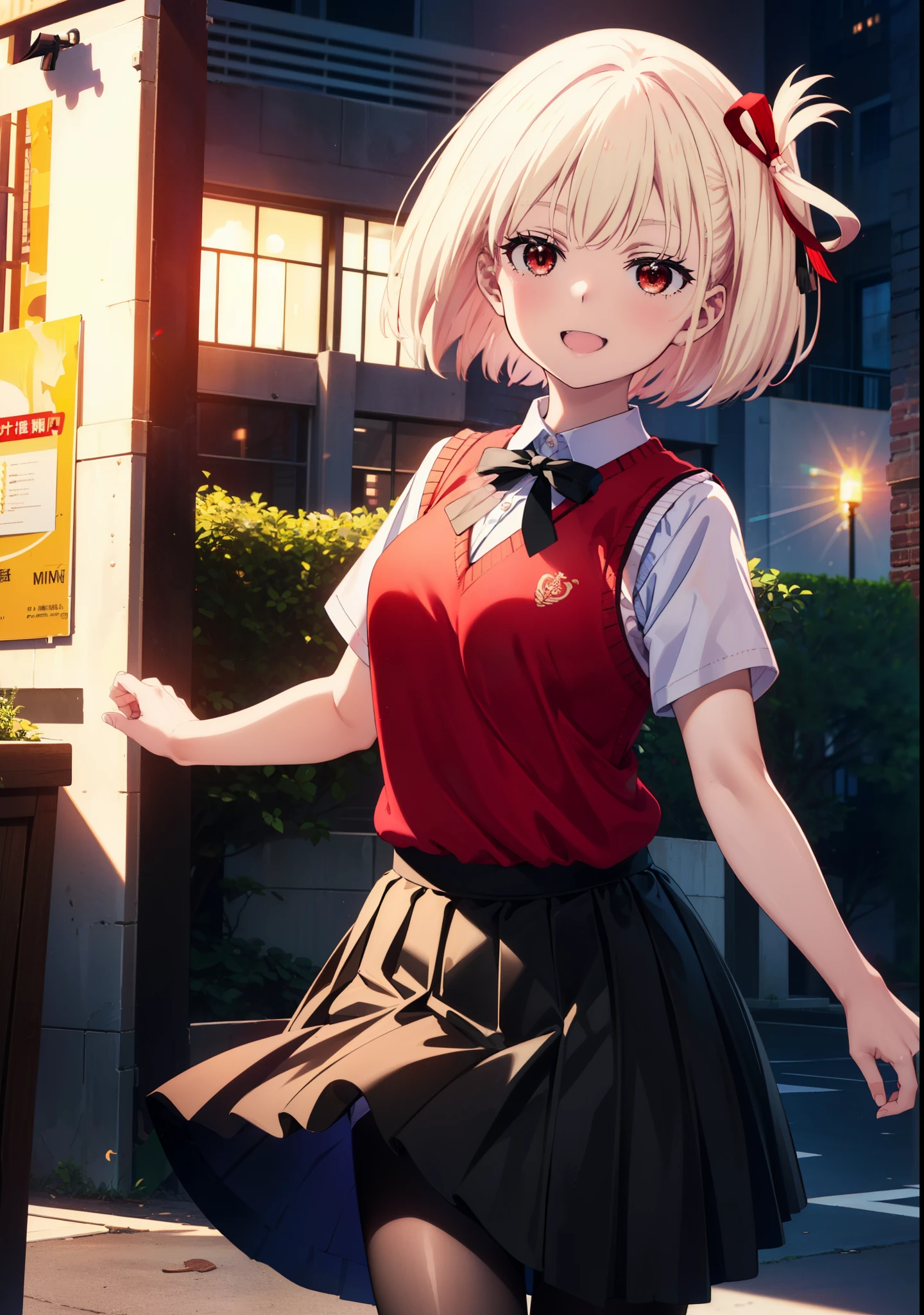 chisatonishikigi, Chisato Nishikigi, short hair, bangs, Blonde, (Red eyes:1.5), hair ribbon, One side up, Bobcut,happy smile, smile, Open your mouth,
white yシャツ, Short sleeve, Pleated skirt, socks, Collared shirt, mini skirt, Black pantyhose, (Black Skirt:1.5), Sweater vest, (red Sweater vest:1.5),Brown loafers,morning,morning陽,The sun is rising,Walking,whole bodyがイラストに入るように,
break outdoors, city,
break looking at viewer, whole body,
break (masterpiece:1.2), highest quality, High resolution, unity 8k wallpaper, (figure:0.8), (Beautiful fine details:1.6), Highly detailed face, Perfect lighting, Highly detailed CG, (Perfect hands, Perfect Anatomy),