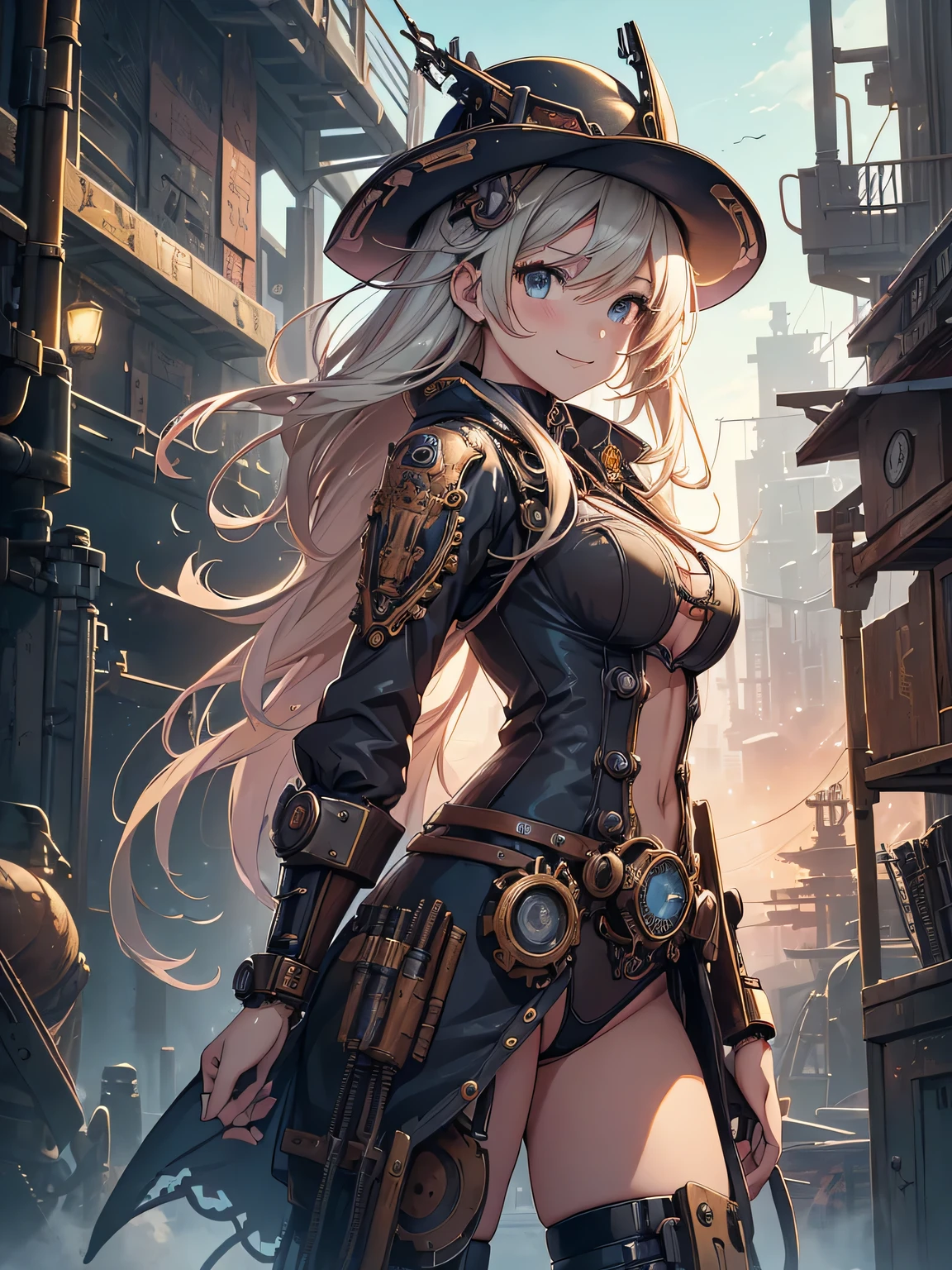 (Line art_anime),(Cowboy Shot,Low Angle, highest quality, ),(Laura Budd Photos:1.2),(Laura Add details:1.0),8k, Flat Color:0.8,1 girl,smile,(Highly decorative and complex mechanical steampunk fashion, Lace flare dolphin hat、Goggles 1.5、machinery background、Gear background、An elaborately mechanized steampunk cityscape 1.5),