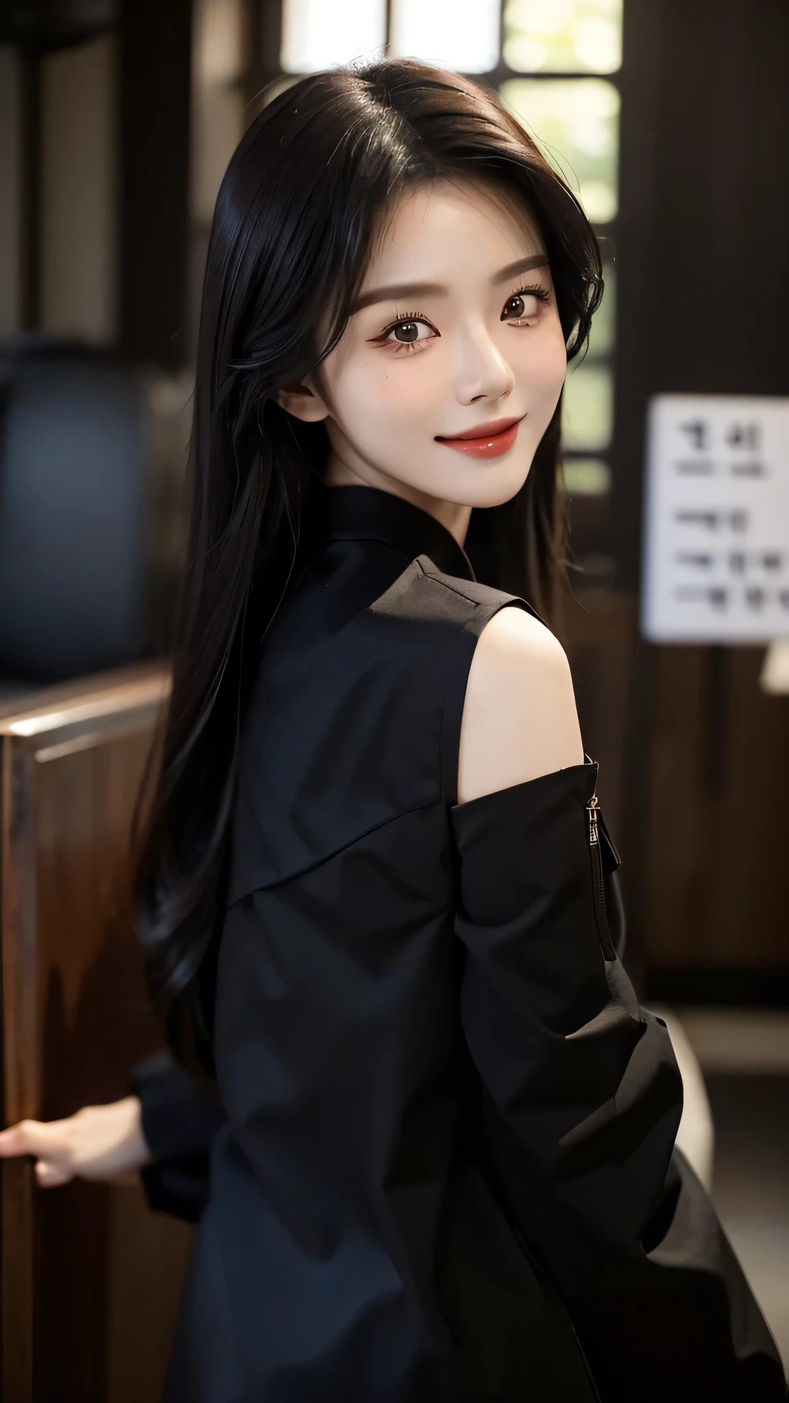 masterpiece、top-quality)、1 beautiful girl、((Wearing black sunglasses )), (Detailed beautiful eyes), ((Detailed skin)) , ((Detailed medium hair)), inside the black villa、((Boyish Brown Medium Hair))、((Smaller face))、((Neutral face))、((Face seen from the side))、((Light brown eyes))、((Korean Girl))、((18year old))、((cool lady))、((A shy smile on his face))、((Korean Makeup))、((elongated and sharp eyes))、((Happy dating))、((boyish))、((Shot from the same height as your face)、inside the black villa ), ((CG rendering)), ((Blurred background)), ((16K)), ((Very detailed)), ((wallpaper)), ((depth of field))