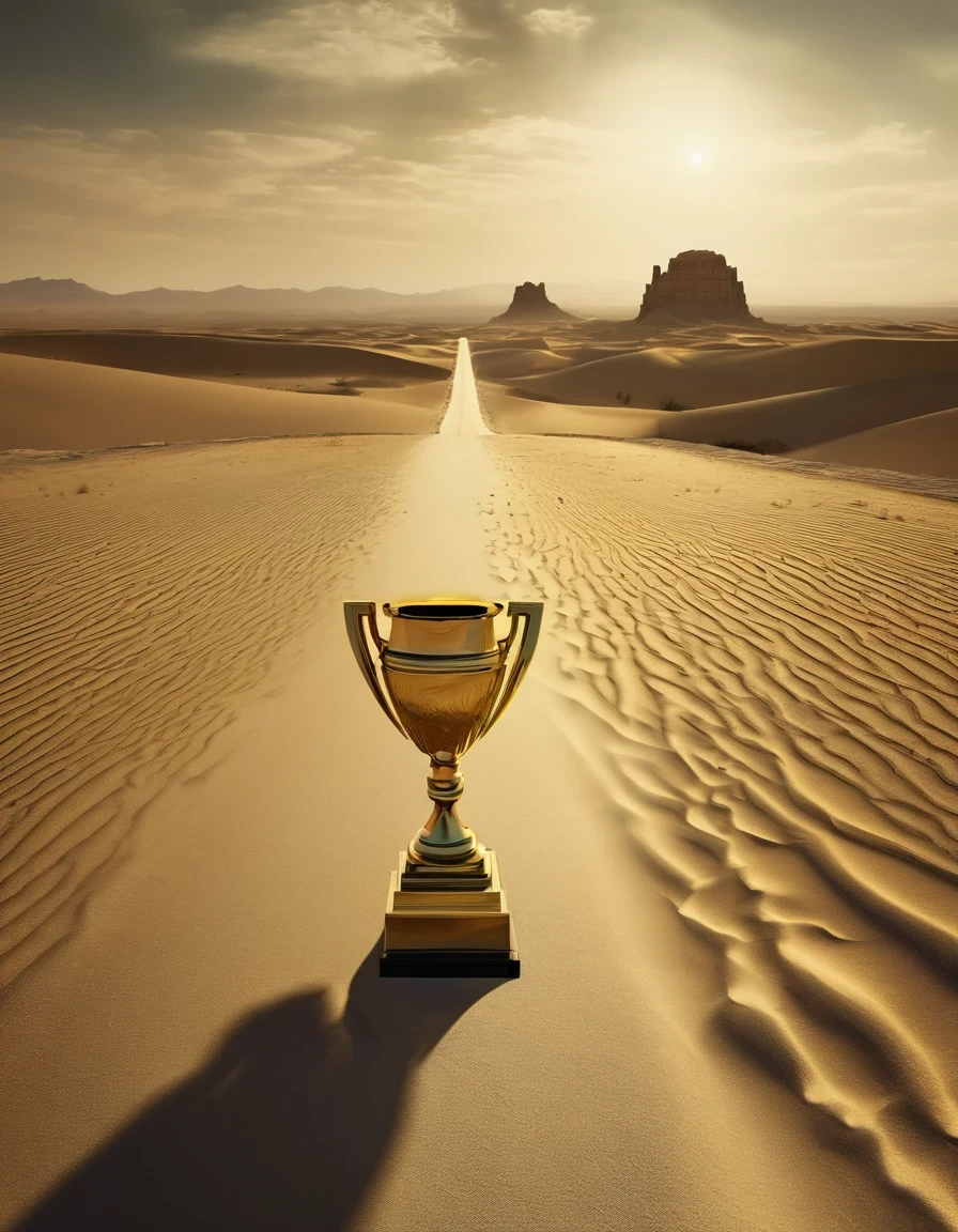 The dark desert, with a huge golden trophy at the end of a road, is influenced by surrealism, rigor, dynamic balance, and pictorialism，Long-range shooting，Retro，，