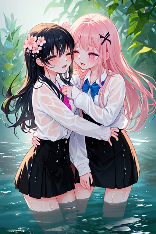 Two girls hugging in the water, Bodies pressed together, ((Lips touching)), romantic, Vibrant, ((Waist-deep in water)), masterpiece, highest quality, High resolution, Himsul 1, hair flower, x Hair accessories, White sweater, Pink Cardigan, flower, Long sleeve, Open clothes, Black Bow, Sleeves are longer than the wrist, skirt, Are standing,  Soaking wet,  drenched, ((Wet clothes)), ((Fully clothed)), Splash, soaked