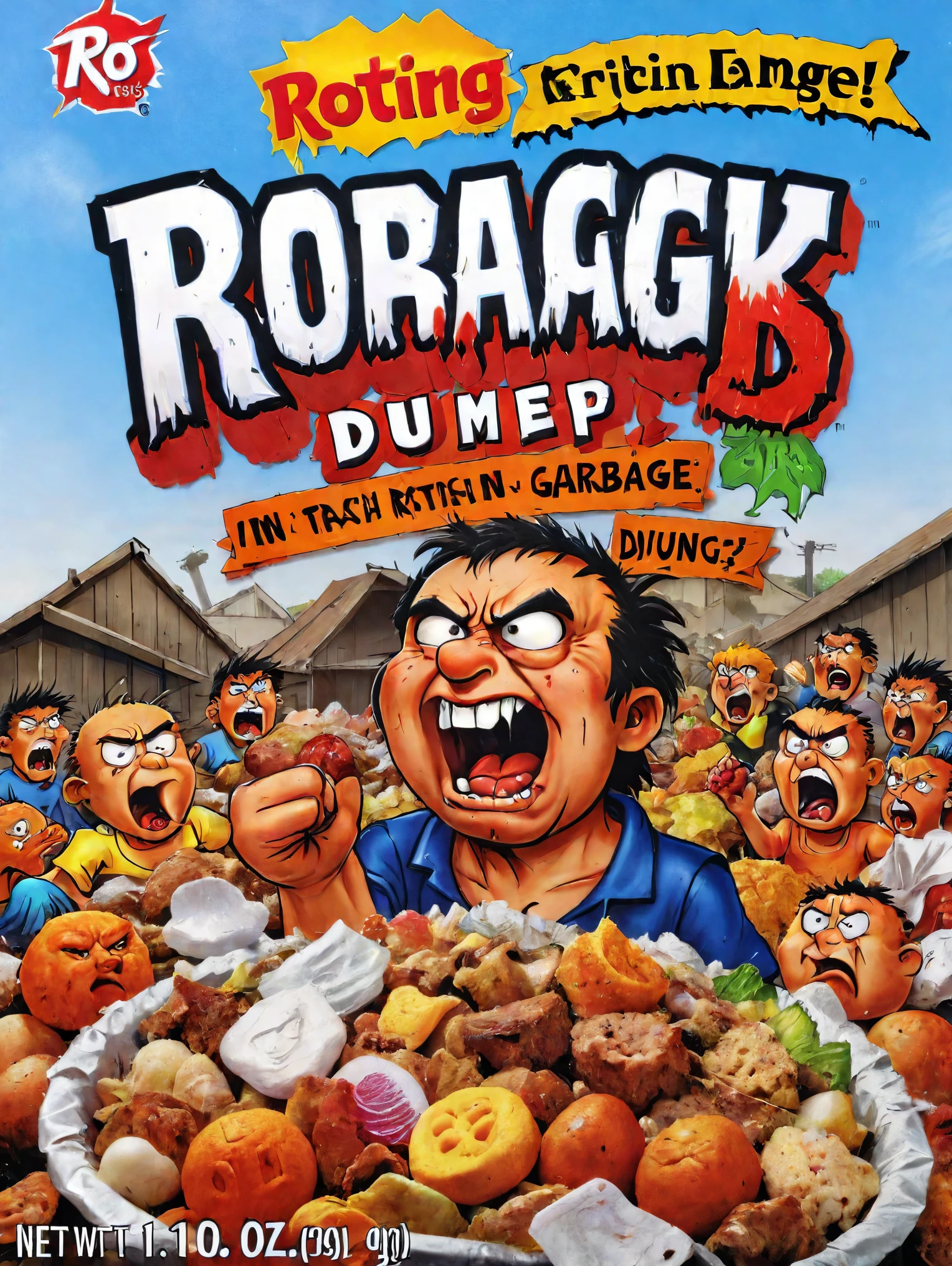 rotting food in garbage dump, trash, angry, enraged, crowd